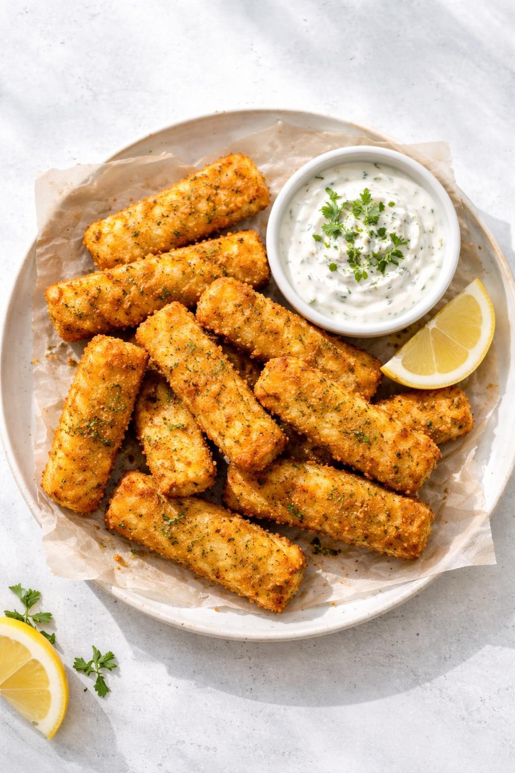 "Top-down realistic shot of a plate of golden-brown baked fish sticks, with a small bowl of creamy yogurt dip on the side. A lemon wedge next to the bowl. Bright natural light, healthier fish sticks, no people, no hands, no text, no watermarks."