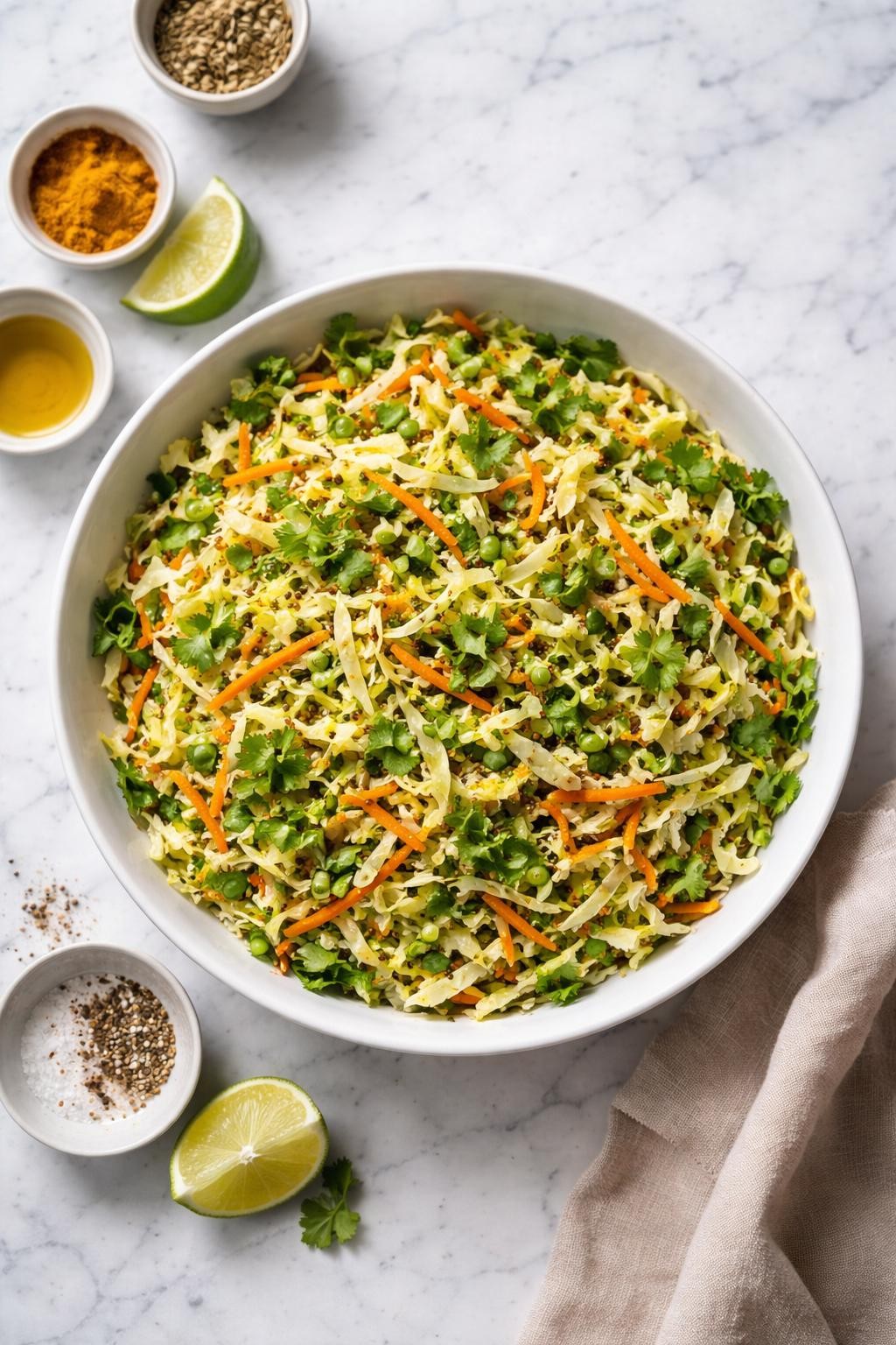 Image Prompt: Top-down realistic editorial food photography of Indian cabbage salad in a white bowl on a clean white and gray marble countertop, shredded cabbage mixed with carrots, cilantro, lemon juice, and light Indian spices, fresh homemade salad styling, bright natural window light, soft shadows, high detail, no people, no hands, no text, no watermarks, no props with writing.