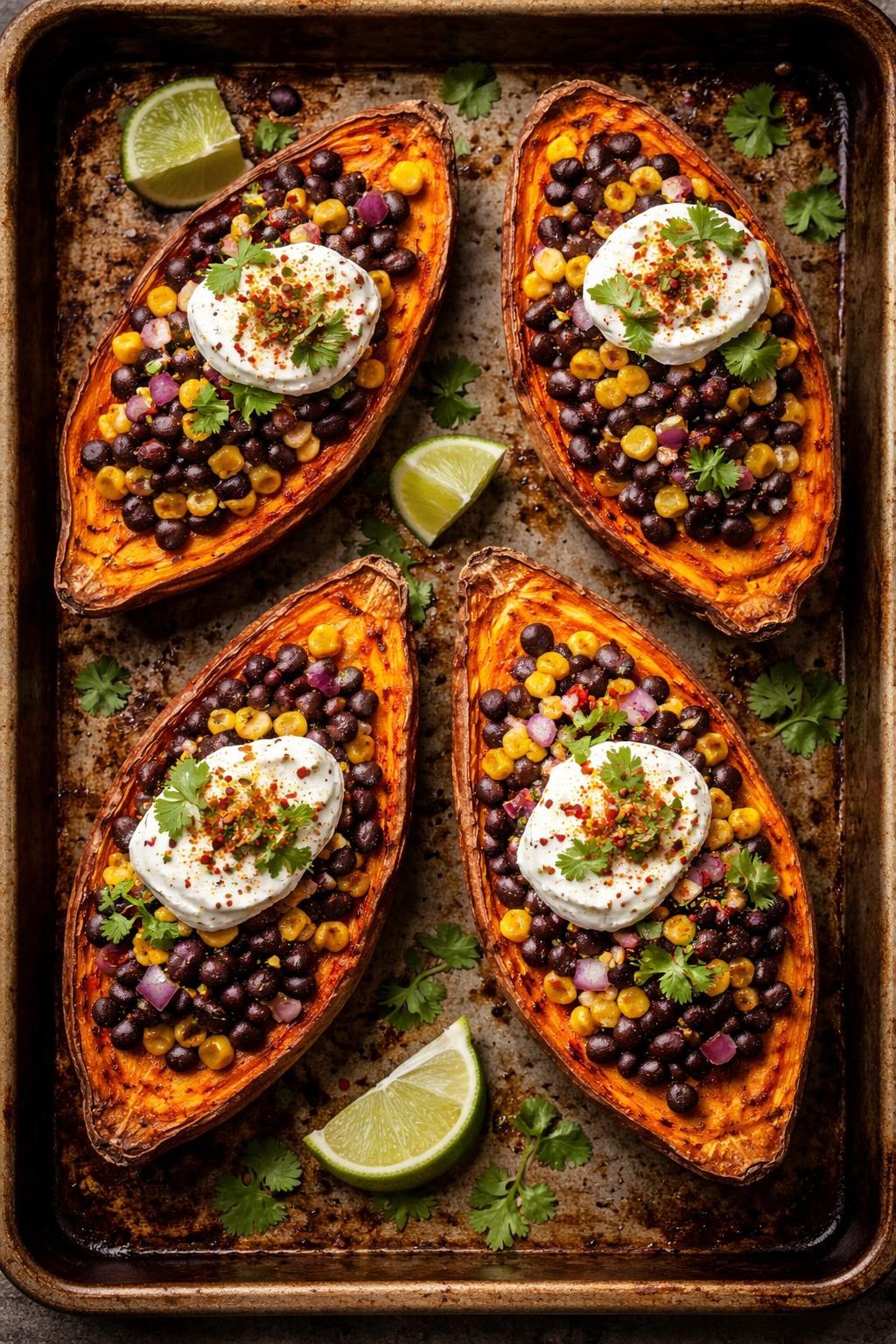 "Top-down realistic shot of four halved roasted sweet potatoes on a baking sheet, each topped with black beans, corn, diced red onion, and a dollop of Greek yogurt. A sprinkle of cilantro and chili powder on top. Warm rustic light, hearty vegetarian prep, no people, no hands, no text, no watermarks."