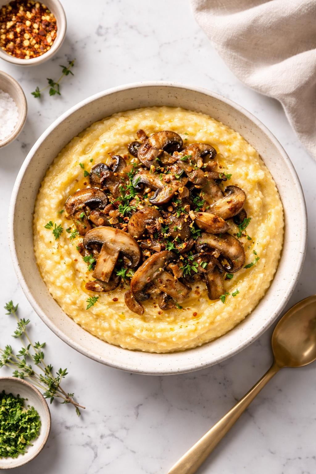 Image Prompt: Top-down realistic food photography of creamy vegan grits in a bowl on a clean white marble countertop, soft golden grits topped with sautéed mushrooms and herbs, warm homemade comfort food styling, natural daylight, clean editorial composition, high detail, realistic texture, no people, no hands, no text, no watermarks, no props with writing.