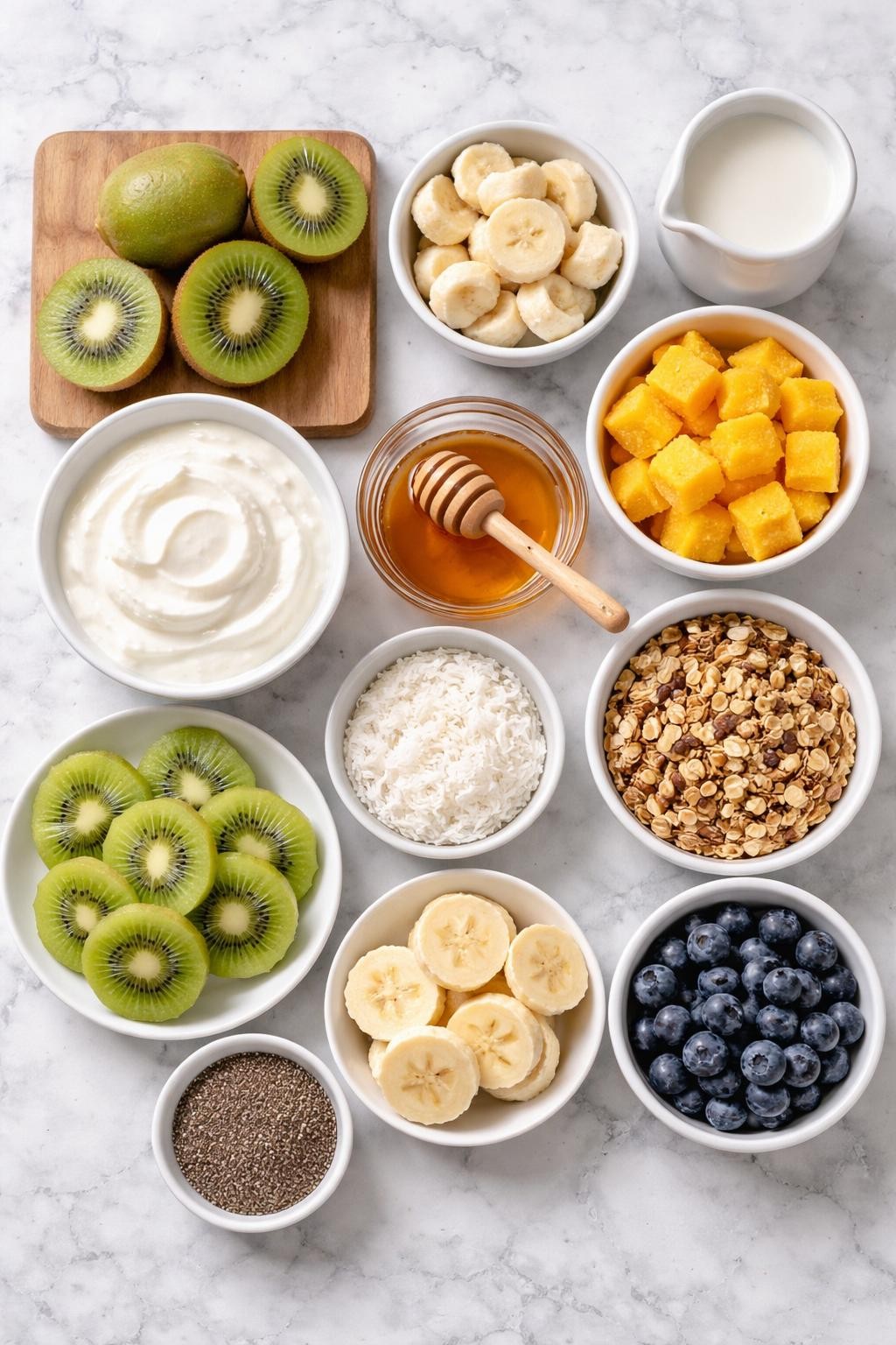 Prompt: A realistic top-down flat lay food photography image of kiwi smoothie bowl ingredients arranged neatly on a countertop marble table. Include peeled kiwi, frozen banana slices, frozen mango chunks, thick Greek yogurt, almond milk, honey, fresh kiwi slices, fresh banana slices, blueberries, granola, chia seeds, and shredded coconut. Clean bright natural light, simple organized layout, no people, no hands, no text, no watermarks, no props with writing.