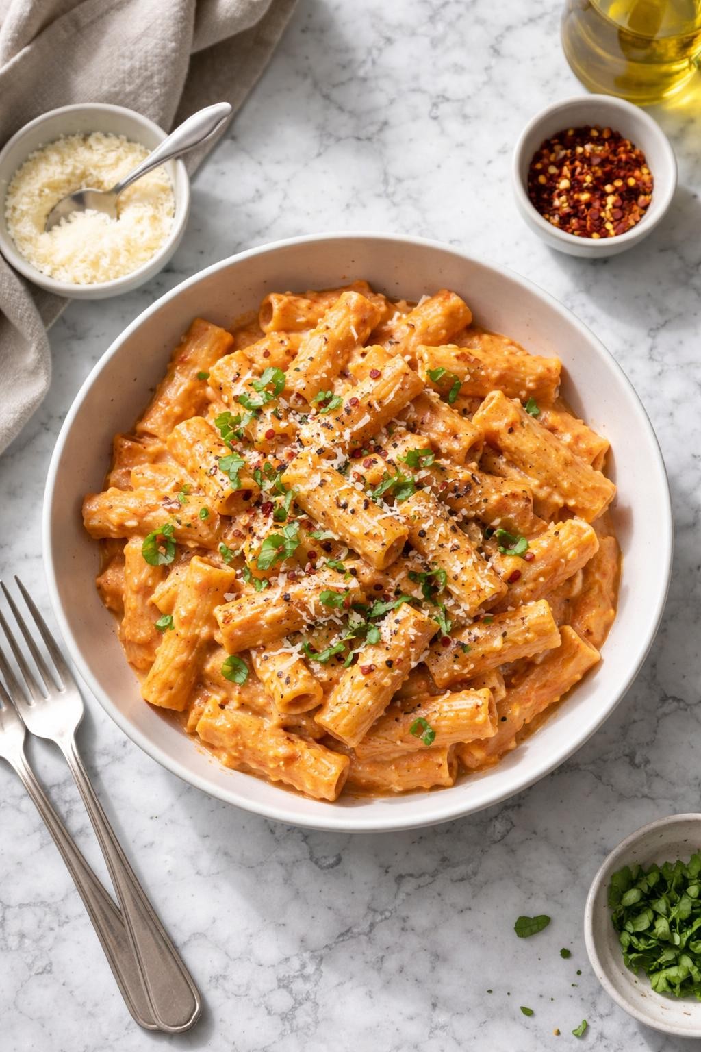 Prompt: Top-down realistic editorial food photography of creamy tomato pasta in a white bowl on a clean white and gray marble countertop, pasta coated in a soft creamy tomato sauce with herbs and black pepper, cozy homemade pantry dinner mood, bright natural window lighting, soft shadows, clean composition, high detail, realistic food texture, no people, no hands, no text, no watermarks, no props with writing.
