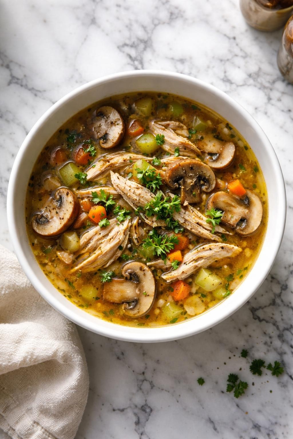 Image Prompt: Realistic top-down editorial food photography of chicken thigh mushroom soup in a white bowl on a white and gray marble countertop, savory broth with shredded chicken thighs, sliced mushrooms, herbs, and black pepper, cozy rustic homemade dinner mood, bright natural window lighting, no people, no hands, no text, no watermarks, no props with writing.