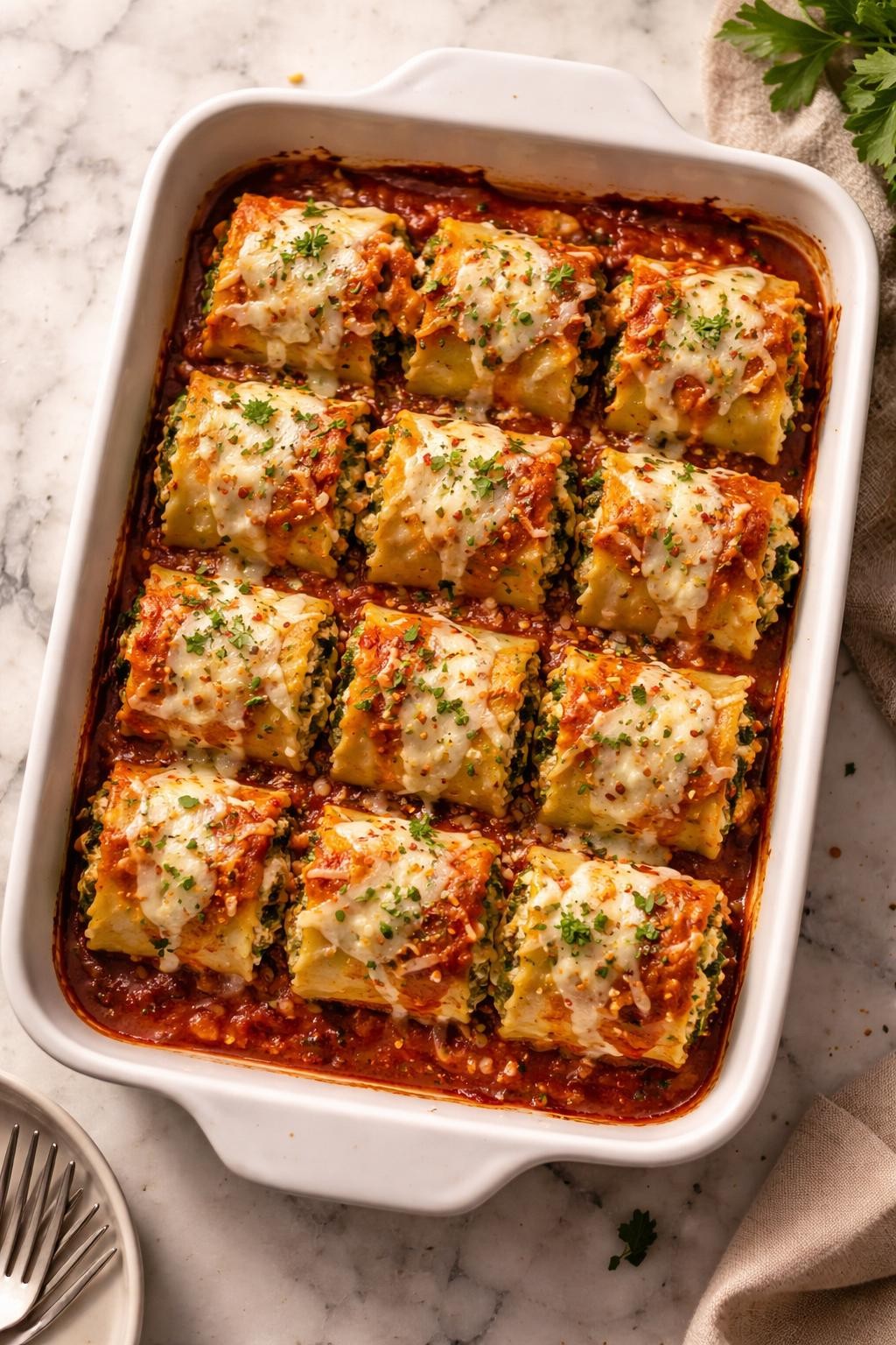 Image Prompt: Top-down realistic food photography of lasagna roll-ups in a white baking dish on a clean marble countertop, rolled lasagna noodles filled with ricotta and spinach, topped with marinara and melted cheese, warm natural light, cozy homemade Italian dinner mood, no people, no hands, no text, no watermarks, no props with writing.