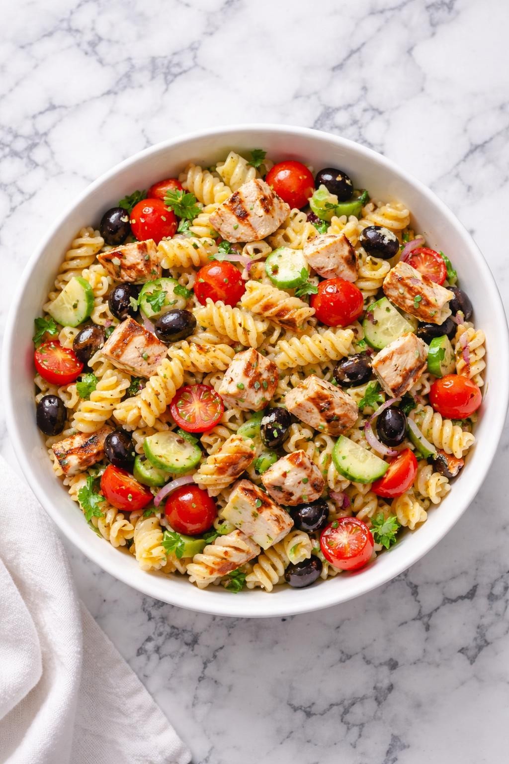 Image Prompt: Realistic top-down editorial food photography of a grilled chicken pasta salad in a large white serving bowl on a white and gray marble countertop, chopped grilled chicken mixed with rotini pasta, cherry tomatoes, cucumber, olives, red onion, and Italian dressing, bright natural light, clean homemade lunch styling, no people, no hands, no text, no watermarks, no props with writing.