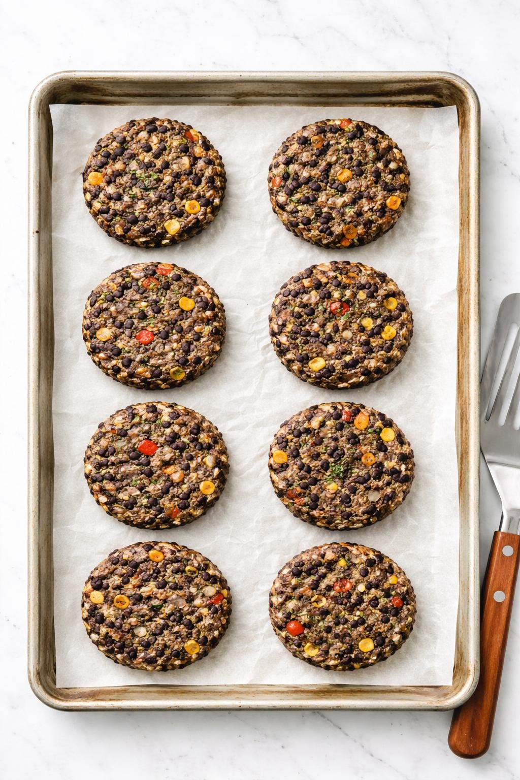 "Overhead realistic photo of a baking sheet lined with parchment paper, holding 8 black bean veggie burger patties in a single layer. A spatula next to the sheet. Bright daylight, make-ahead plant-based protein, no people, no hands, no text, no watermarks."