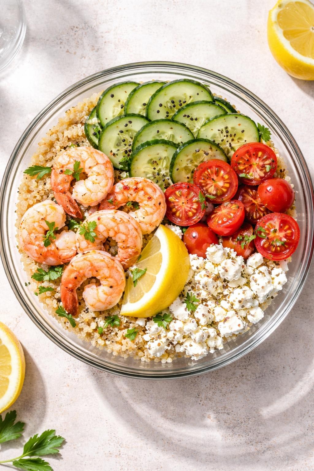 "Top-down realistic shot of a glass bowl with fluffy quinoa, pink shrimp, cucumber slices, cherry tomatoes, and crumbled feta cheese. A lemon wedge on the side. Bright natural light, light but high-protein lunch, no people, no hands, no text, no watermarks."
