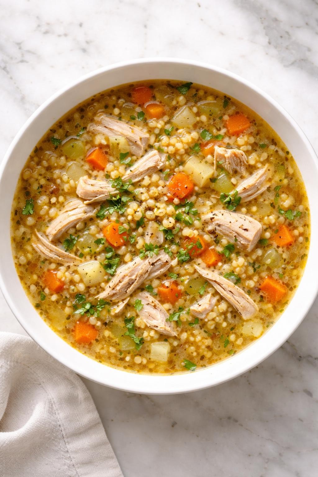 Image Prompt: Realistic top-down editorial food photography of chicken thigh barley soup in a wide white bowl on a clean marble countertop, rich broth with shredded chicken thighs, pearl barley, carrots, celery, and herbs, cozy hearty soup mood, bright natural daylight, no people, no hands, no text, no watermarks, no props with writing.