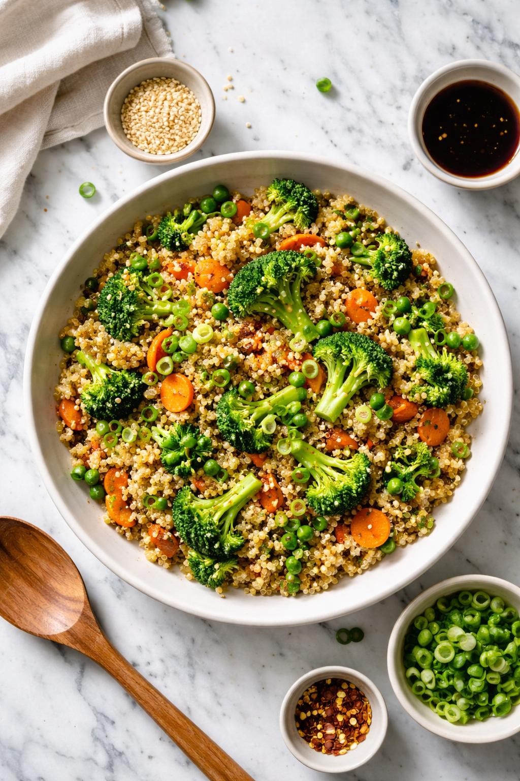 Image Prompt: Top-down realistic editorial food photography of quinoa vegetable stir-fry on a clean white and gray marble countertop, fluffy quinoa tossed with broccoli, carrots, peas, green onions, and a light savory sauce, homemade vegan dinner styling, bright natural light, soft shadows, high detail, no people, no hands, no text, no watermarks, no props with writing.