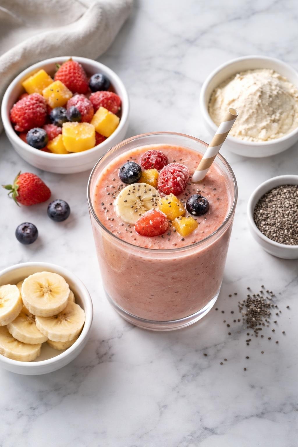 Realistic top-down editorial food photography of a frozen fruit protein smoothie in a clear glass on a clean white and gray marble countertop. The smoothie is pink-orange, thick, cold, and creamy, styled with frozen mixed fruit, banana slices, a small scoop of plain protein powder in a simple bowl, and chia seeds nearby. Bright natural window lighting, clean healthy breakfast styling, realistic smoothie texture, high detail, no people, no hands, no text, no watermarks, no props with writing.