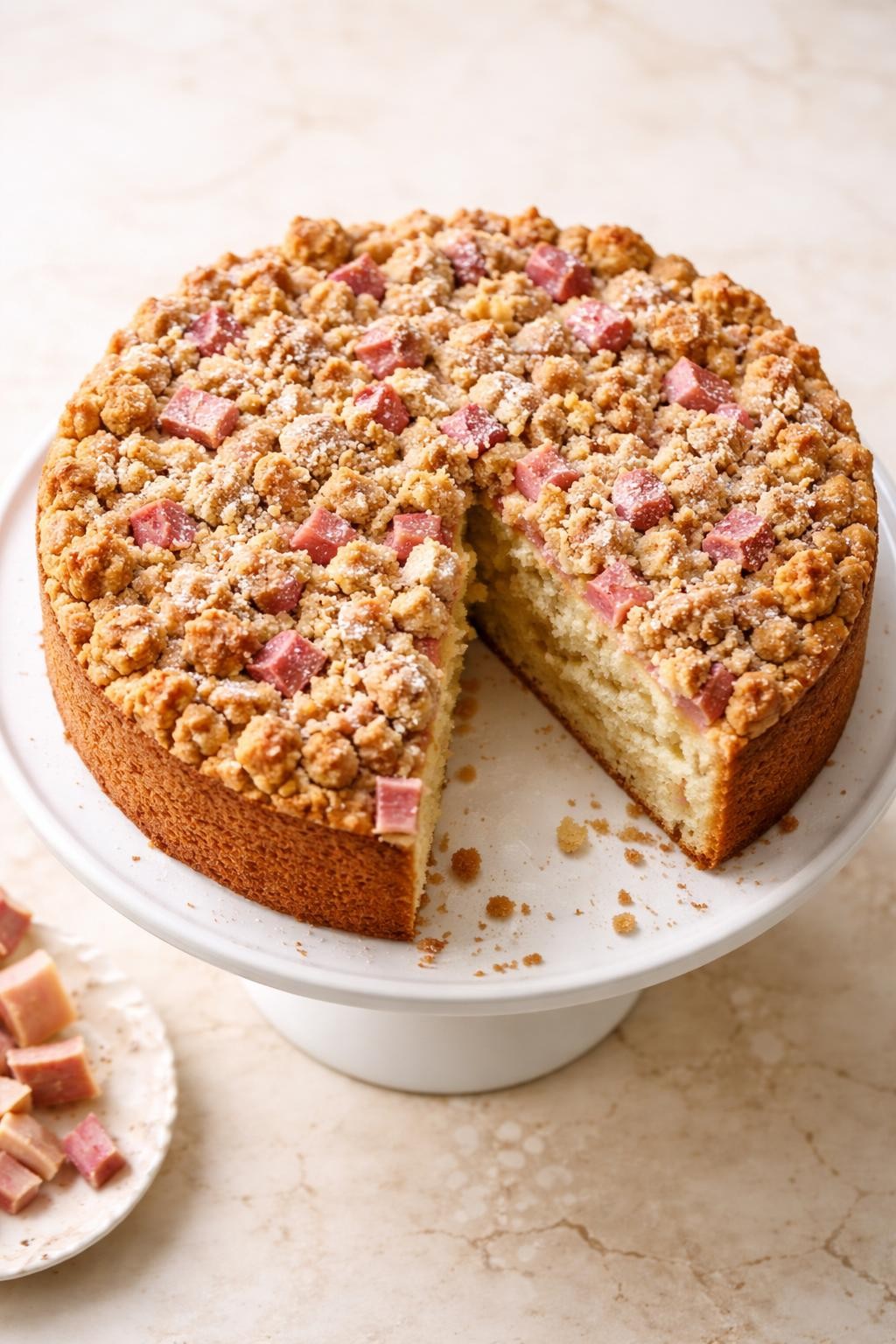 Image Prompt: Top-down realistic food photography of a homemade vegan rhubarb coffee cake on a white cake stand over a pale marble countertop, tender golden cake with pink rhubarb pieces and a crumb topping, one slice removed to show the soft inside, natural daylight, cozy bakery-style mood, no people, no hands, no text, no watermarks, no props with writing.