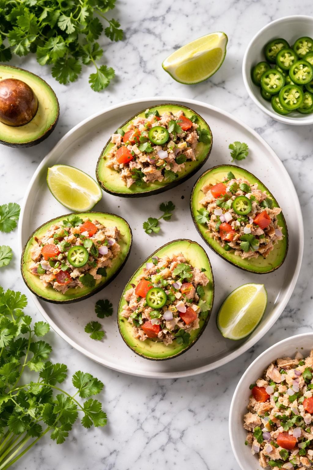 Image Prompt: Realistic top-down editorial food photography of Mexican tuna avocado boats on a white and gray marble countertop, avocado halves filled with a tuna mixture of lime, red onion, cilantro, jalapeno, and diced tomato, bright natural daylight, fresh high protein lunch mood, no people, no hands, no text, no watermarks, no props with writing.