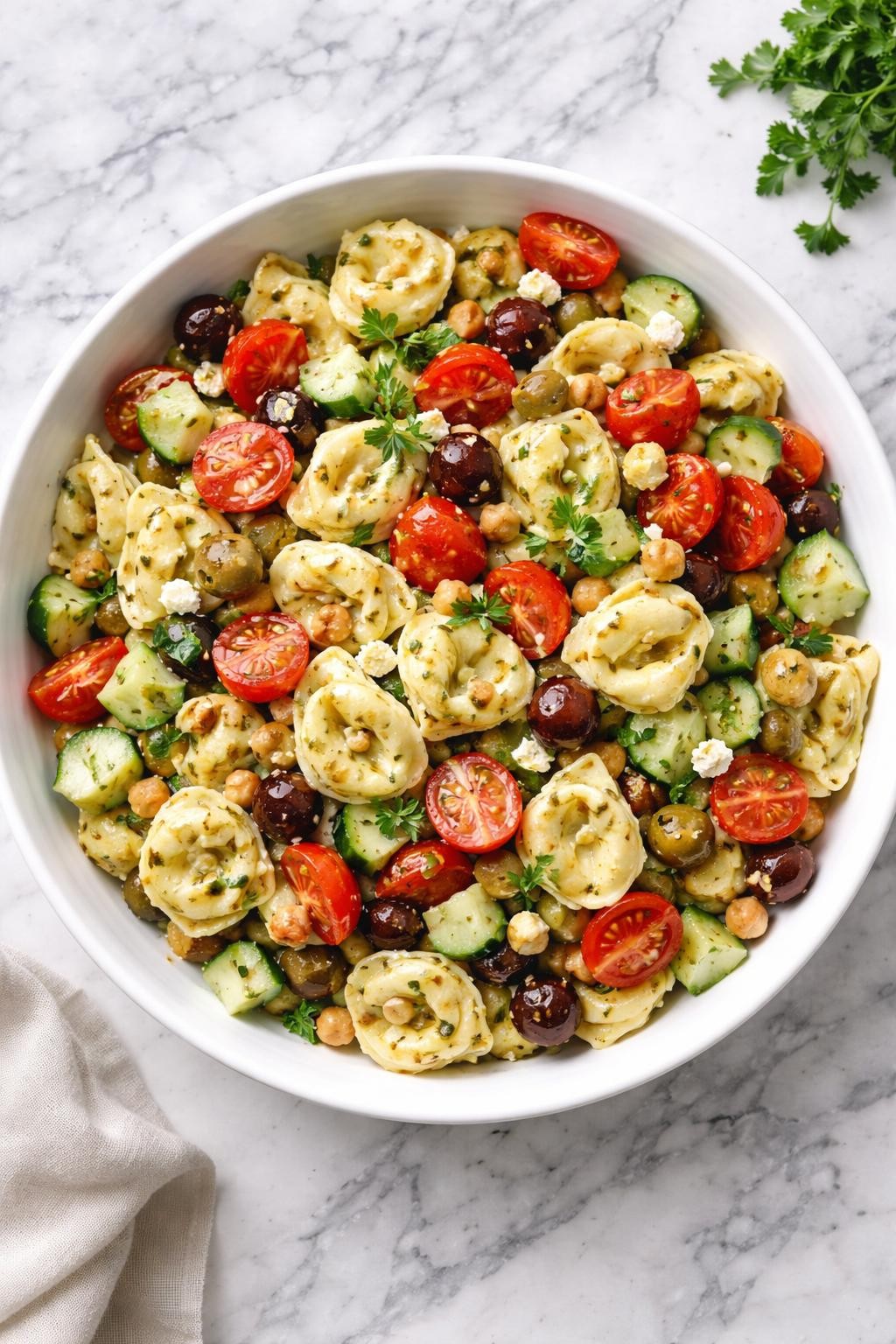 Image Prompt: Realistic top-down editorial food photography of Mediterranean tortellini pasta salad in a white serving bowl on a white and gray marble countertop, cheese tortellini tossed with cucumbers, tomatoes, olives, feta, chickpeas, and herb vinaigrette, bright fresh homemade styling, natural daylight, soft shadows, no people, no hands, no text, no watermarks, no props with writing.