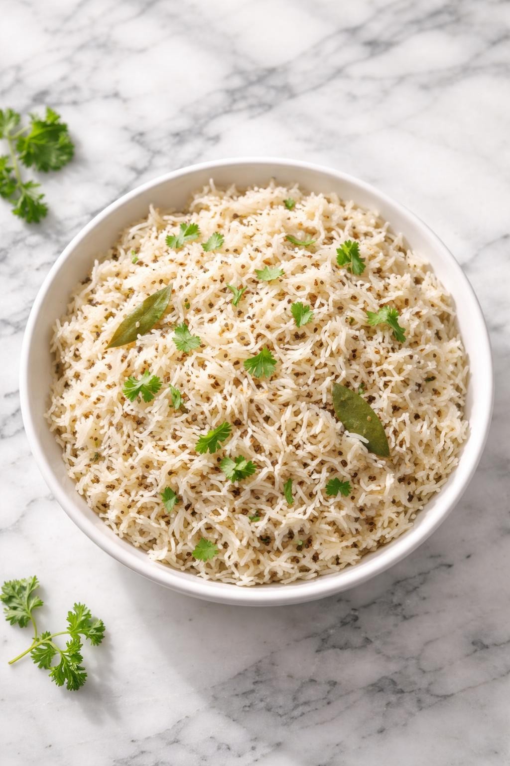 Image Prompt: Realistic top-down editorial food photography of jeera rice in a white serving bowl on a clean white and gray marble countertop, fluffy basmati rice cooked with cumin seeds, herbs, and a light golden sheen, simple homemade Indian side dish mood, bright natural window lighting, soft shadows, clean composition, high detail, realistic food texture, no people, no hands, no text, no watermarks, no props with writing.