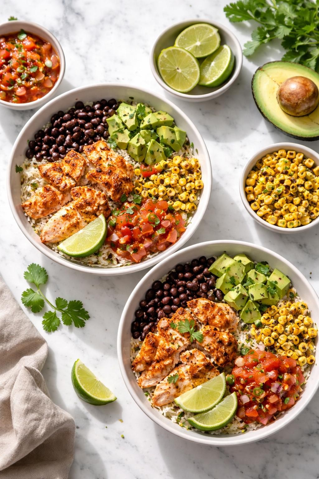 Image Prompt: Realistic top-down editorial food photography of Mexican salmon rice bowls on a white marble countertop, flaked seasoned salmon served over rice with black beans, avocado, corn, salsa, and lime wedges, bright natural daylight, fresh hearty dinner mood, no people, no hands, no text, no watermarks, no props with writing.