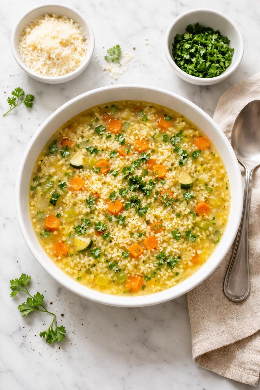 Image Prompt: Realistic top-down editorial food photography of vegetable pastina soup in a white ceramic bowl on a clean marble countertop, tiny pastina pasta in a light broth with diced carrots, celery, zucchini, and parsley, cozy homemade soup mood, bright natural daylight, clean composition, no people, no hands, no text, no watermarks, no props with writing.