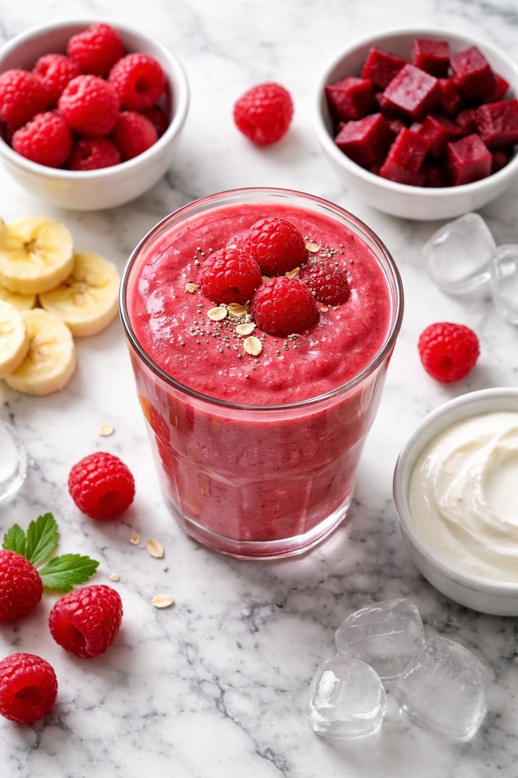 Realistic top-down editorial food photography of a beet raspberry smoothie in a clear glass on a clean white and gray marble countertop. The smoothie is vivid ruby pink, thick, smooth, and slightly glossy, styled with raspberries, cooked beet cubes, banana slices, Greek yogurt, and a few ice cubes nearby. Bright natural window lighting, clean berry breakfast styling, high detail, realistic smoothie texture, no people, no hands, no text, no watermarks, no props with writing.