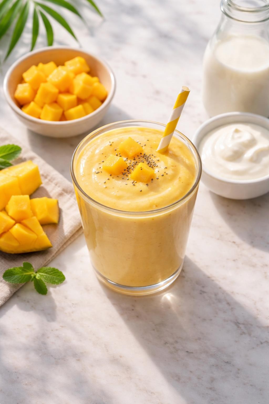 Realistic top-down editorial food photography of a 3-ingredient mango yogurt smoothie in a clear glass on a light marble countertop. The smoothie is golden yellow, thick, smooth, and creamy, styled with mango cubes, plain yogurt in a small bowl, and milk nearby. Bright natural daylight, clean tropical breakfast mood, soft shadows, realistic smoothie texture, high detail, no people, no hands, no text, no watermarks, no props with writing.