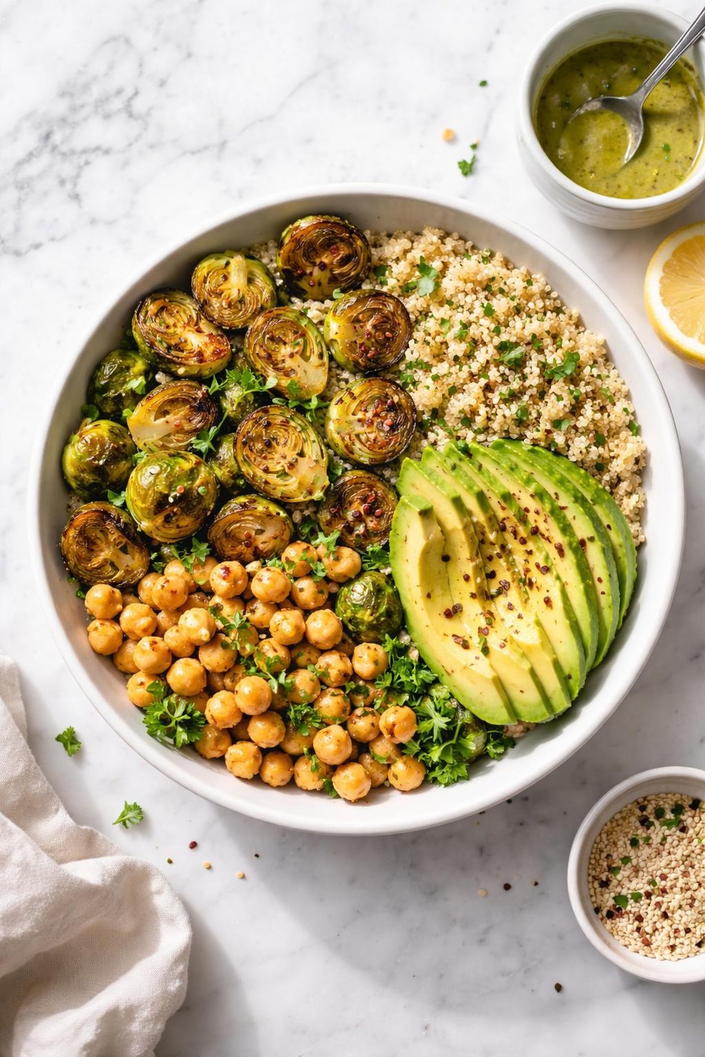 Image Prompt: Top-down realistic editorial food photography of a homemade vegan Brussels sprout grain bowl on a clean white marble countertop, bowl filled with roasted Brussels sprouts, cooked quinoa, chickpeas, sliced avocado, and simple dressing arranged neatly in sections, fresh hearty homemade meal mood, bright natural daylight, soft shadows, clean styling, high detail, no people, no hands, no text, no watermarks, no props with writing.