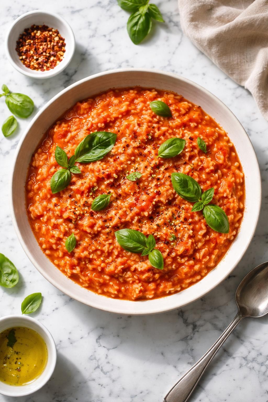 Image Prompt: Top-down realistic editorial food photography of creamy tomato basil vegan risotto in a shallow bowl on a white and gray marble countertop, glossy arborio rice cooked with tomatoes and finished with fresh basil, rich red-orange tone, cozy homemade vegan dinner styling, bright natural light, soft shadows, high detail, no people, no hands, no text, no watermarks, no props with writing.