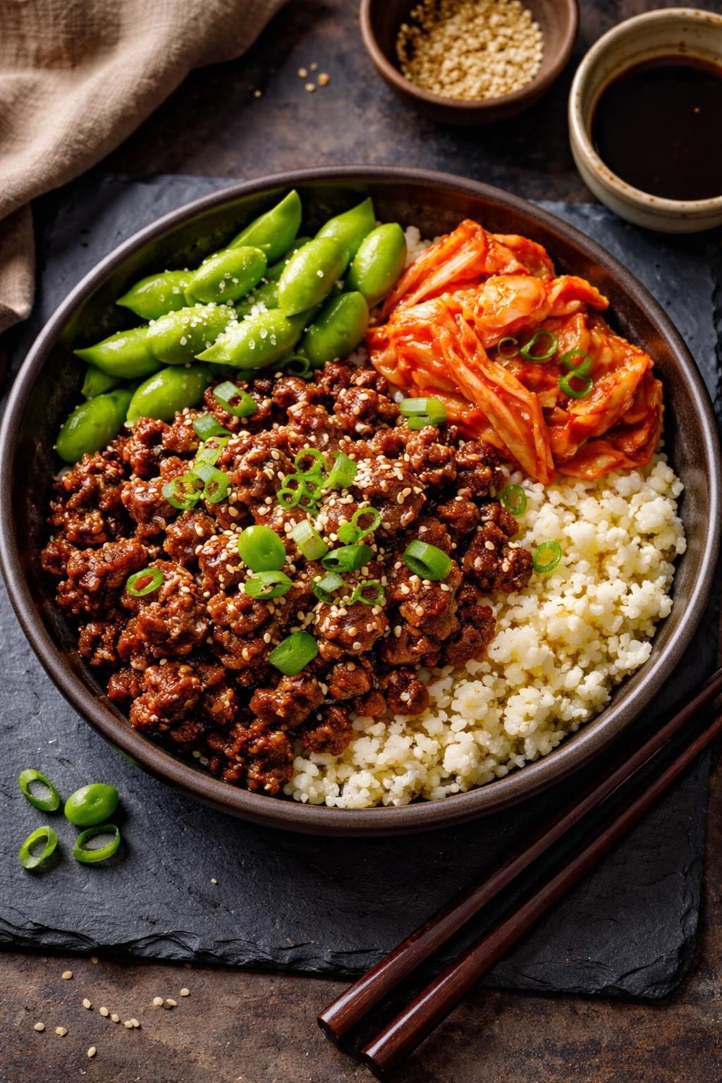 "Realistic top-down food photography of a bowl filled with Korean beef and cauliflower rice on a slate plate. The ground beef is dark and glossy with a sweet-savory sauce, topped with sesame seeds and sliced green onions. A side of steamed edamame and kimchi. Warm Asian-inspired lighting, bold flavors and low-carb prep, no people, no hands, no text, no watermarks."