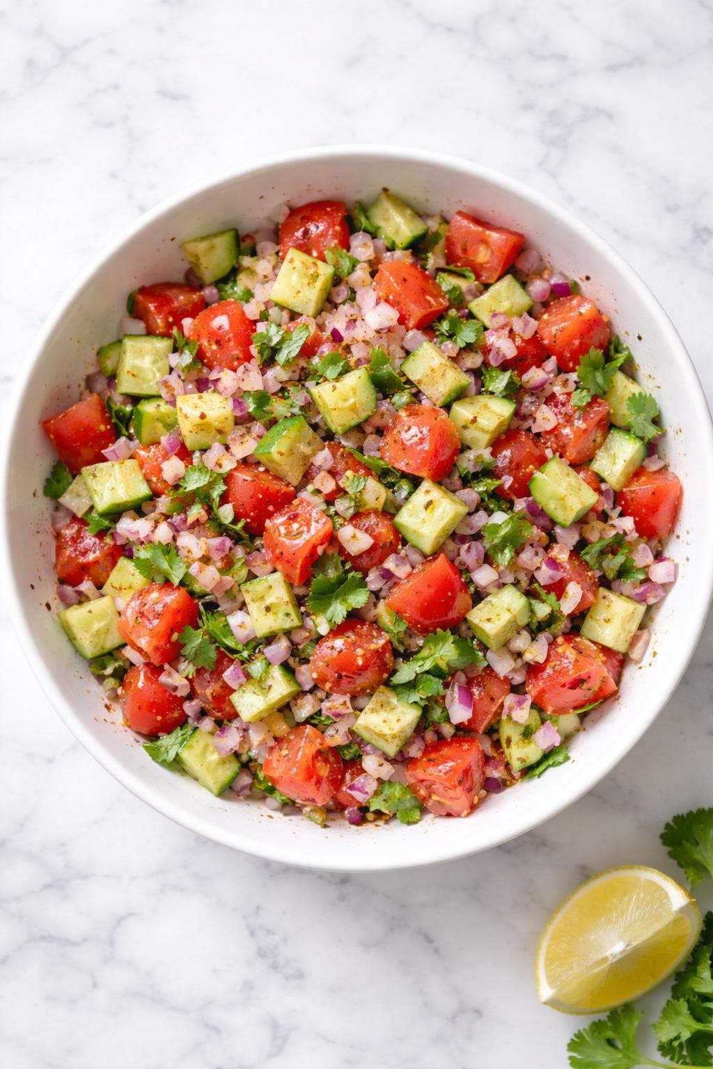 Image Prompt: Top-down realistic food photography of tomato onion cucumber chaat salad on a bright white marble countertop, chopped cucumber, tomato, and red onion tossed with cilantro, lemon juice, and chaat masala, fresh homemade Indian salad styling, bright natural daylight, clean editorial composition, high detail, no people, no hands, no text, no watermarks, no props with writing.