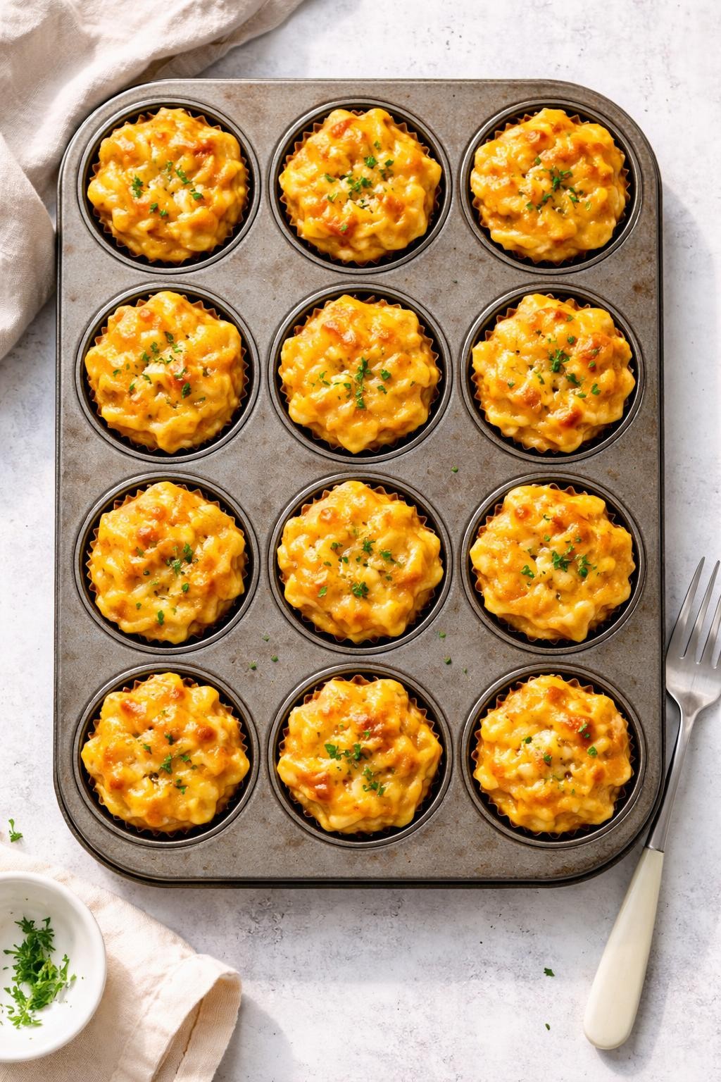 "Top-down realistic shot of a muffin tin filled with twelve mac and cheese muffins, each golden and slightly crispy on top. A fork next to the tin. Soft natural light, portable kid-friendly dinner, no people, no hands, no text, no watermarks."