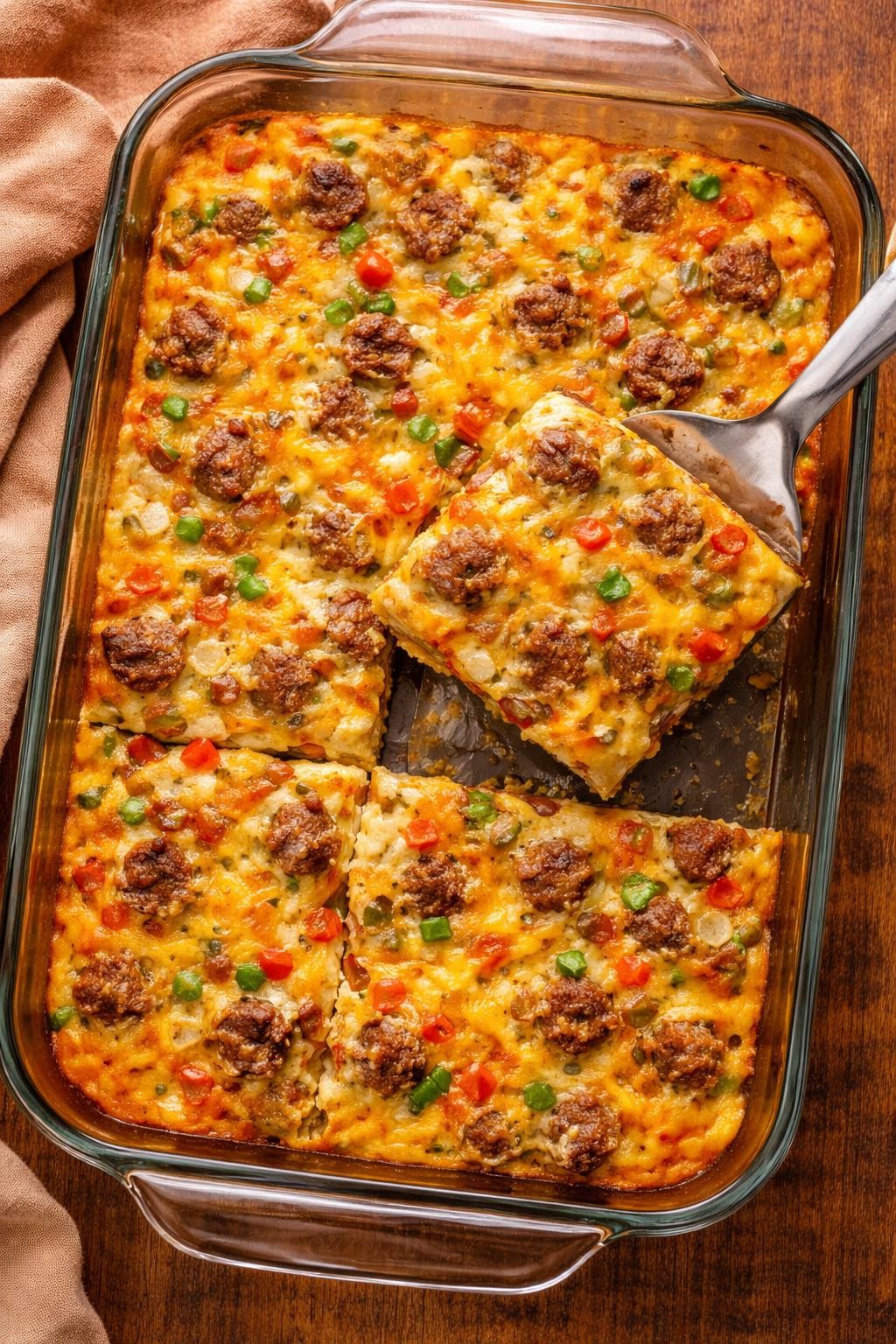 "Overhead realistic photo of a 9x13-inch glass baking dish filled with a golden-brown breakfast casserole, showing chunks of breakfast sausage, bell peppers, onions, and melted cheddar cheese throughout. A spatula lifting a square out of the dish. Warm kitchen light, hearty make-ahead breakfast, no people, no hands, no text, no watermarks."