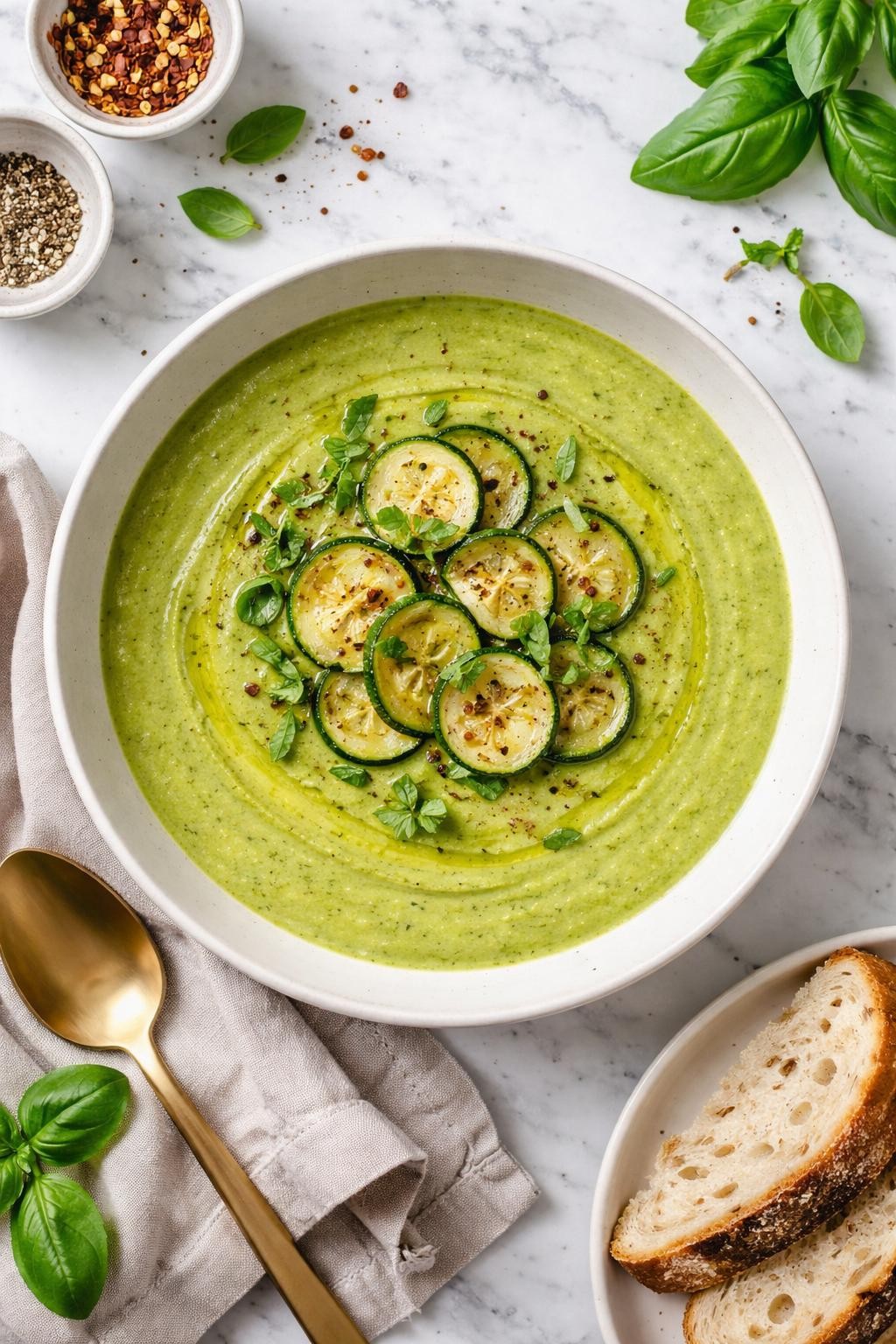 An overheard picture view of a plate of Creamy Zucchini Soup (No Cream) sitting on a marble countertop table in the kitchen, professional food photography style.