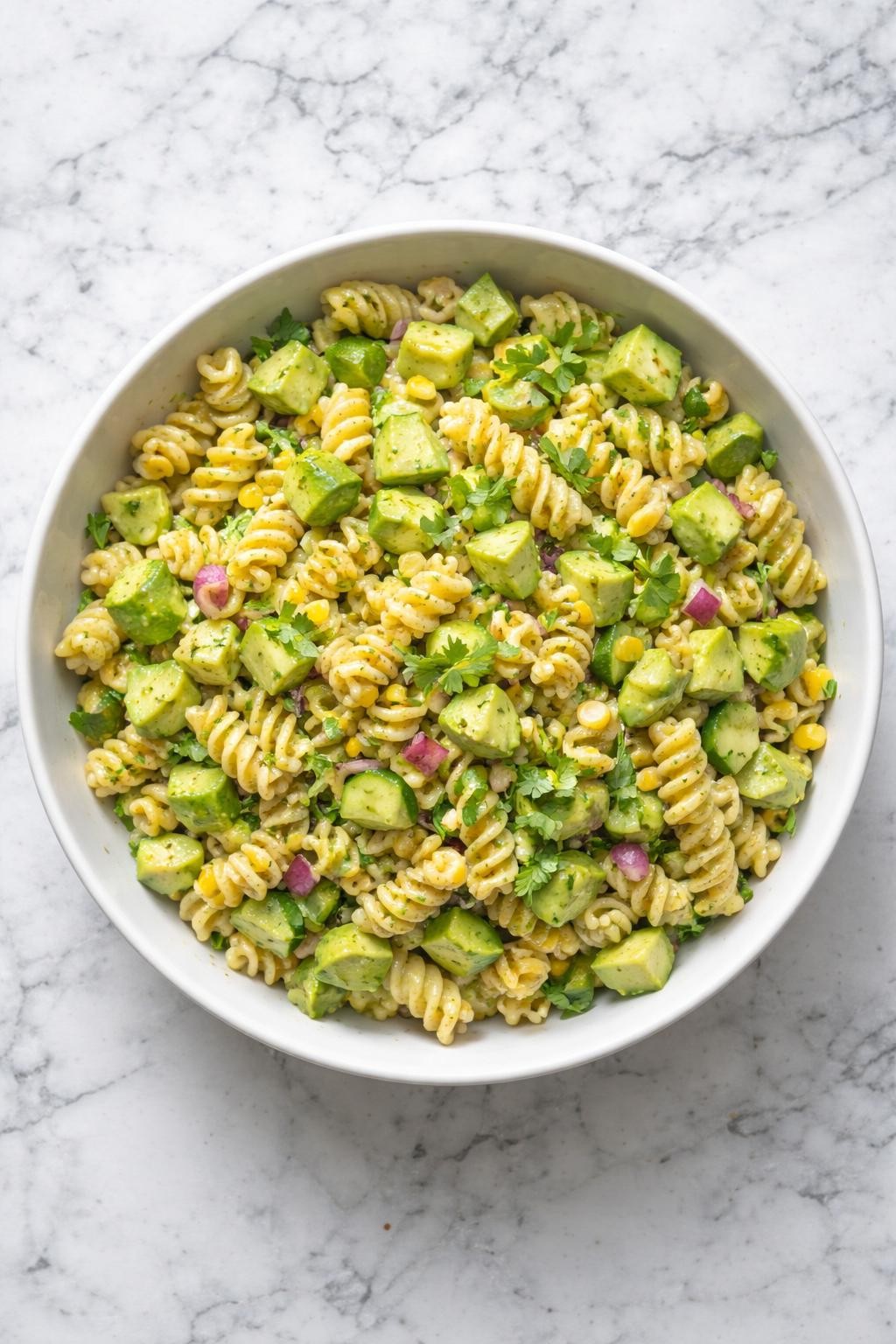 Image Prompt: Top-down realistic editorial food photography of a homemade vegan avocado pasta salad on a clean white and gray marble countertop, pasta mixed with diced avocado, cucumber, corn, red onion, and lime dressing in a bright simple bowl, fresh homemade meal mood, natural window lighting, soft shadows, high detail, no people, no hands, no text, no watermarks, no props with writing.