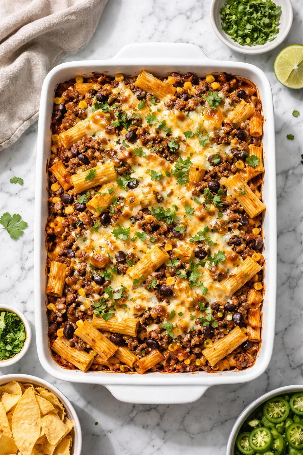 Image Prompt: Realistic top-down editorial food photography of Mexican ground beef pasta bake in a casserole dish on a clean white and gray marble countertop, baked pasta layered with seasoned beef, tomato sauce, black beans, cheese, and chopped cilantro, bright natural light, soft shadows, cozy homemade dinner mood, high detail, realistic food texture, no people, no hands, no text, no watermarks, no props with writing.
