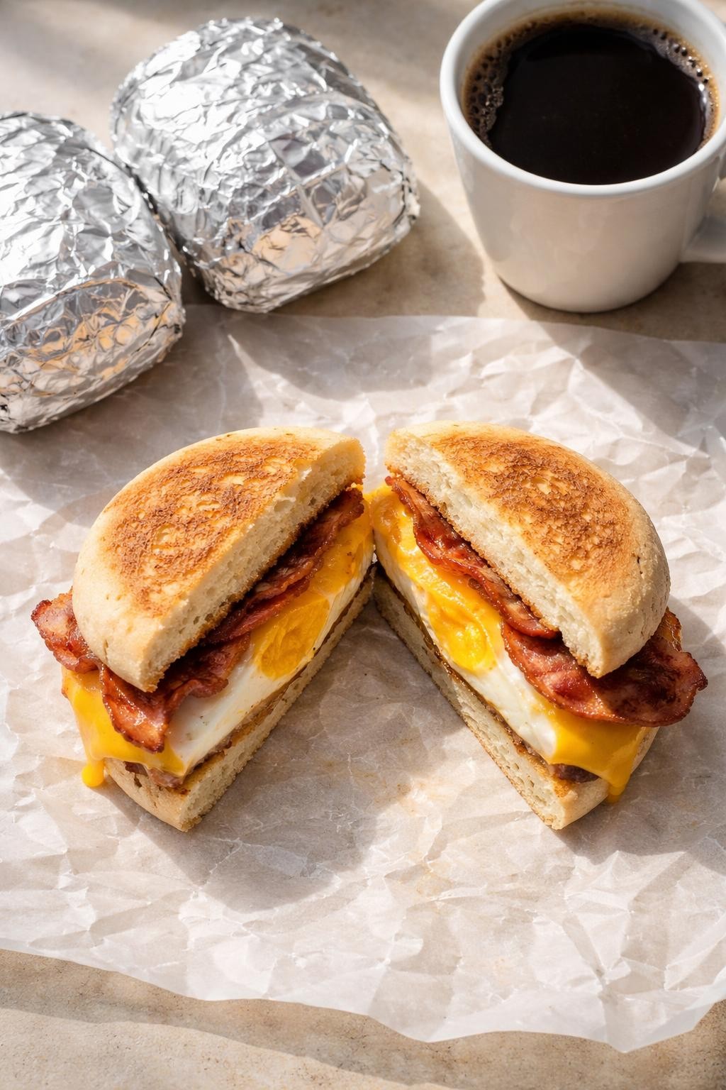 "Top-down realistic photo of a toasted English muffin sandwich cut in half, showing a fried egg, crispy bacon slice, and melted American cheese inside. Two more wrapped sandwiches in foil next to it. A small cup of coffee in the background. Bright morning light, classic drive-thru-style freezer prep, no people, no hands, no text, no watermarks."