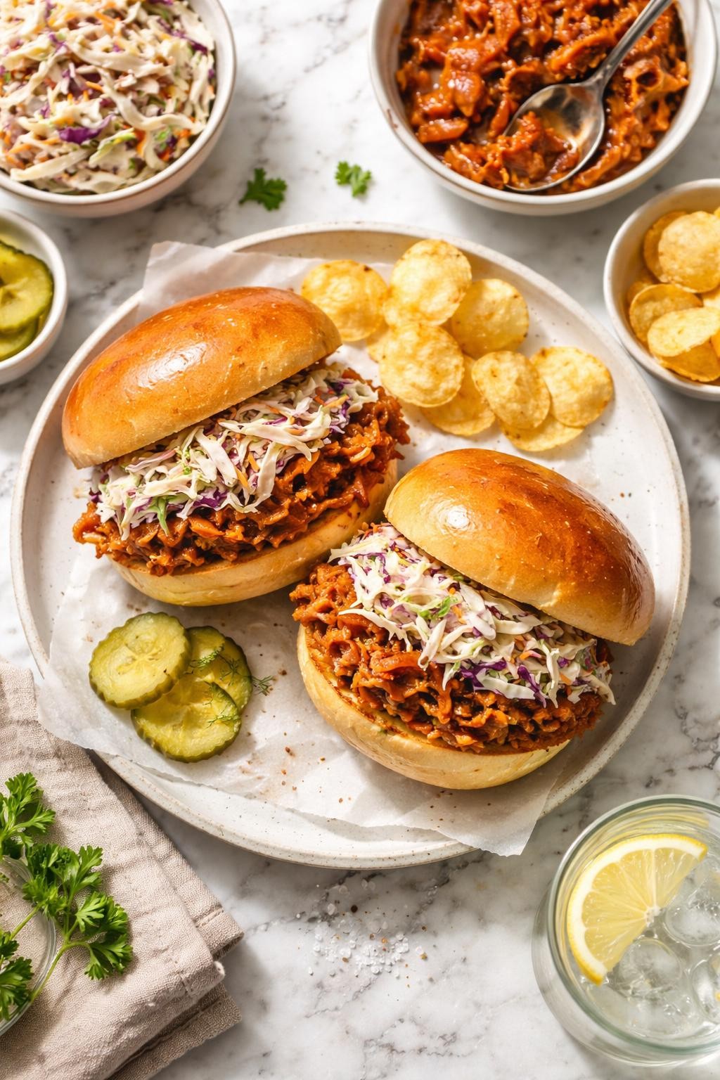 Image Prompt: Top-down realistic editorial food photography of vegan BBQ jackfruit sandwiches on a white and gray marble countertop, toasted sandwich buns filled with saucy shredded jackfruit and crunchy coleslaw, cozy homemade lunch styling, bright window light, soft shadows, high detail, realistic food texture, no people, no hands, no text, no watermarks, no props with writing.
