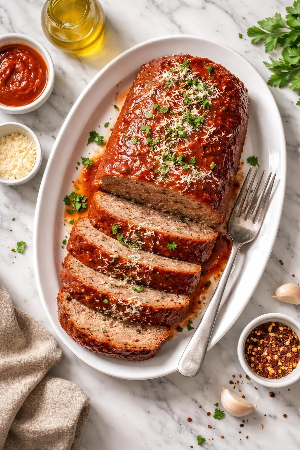 An overheard picture view of a plate of Classic Italian-American Meatloaf with Parmesan sitting on a marble countertop table in the kitchen, professional food photography style.