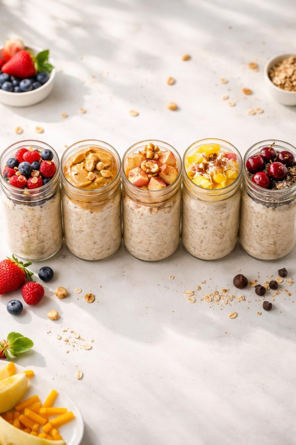 Photo prompt: Realistic top-down food photography of five glass mason jars lined up on a white countertop, each filled with creamy overnight oats. Toppings vary: berries and almonds, banana and peanut butter, apple and cinnamon, mango and coconut, chocolate chips and cherries. Soft morning light, colorful meal prep breakfast mood, no people, no hands, no text, no watermarks, no props with writing.