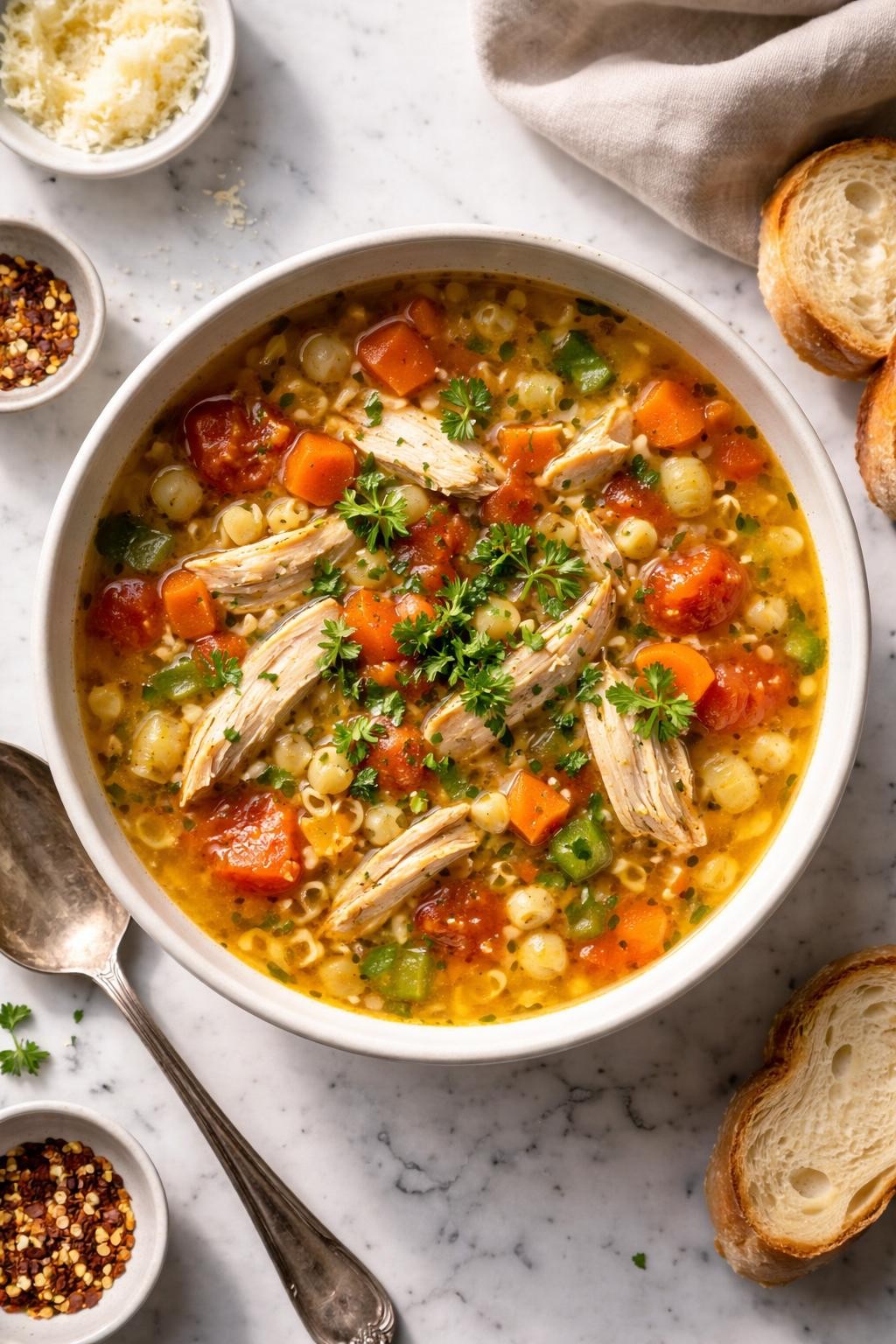 Image Prompt: Top-down realistic editorial food photography of a bowl of homemade Italian chicken soup on a clean white marble countertop, broth-based soup filled with shredded chicken, carrots, celery, tomatoes, small pasta, and herbs, topped with chopped parsley, warm cozy dinner mood, bright natural daylight, soft shadows, high detail, no people, no hands, no text, no watermarks, no props with writing.