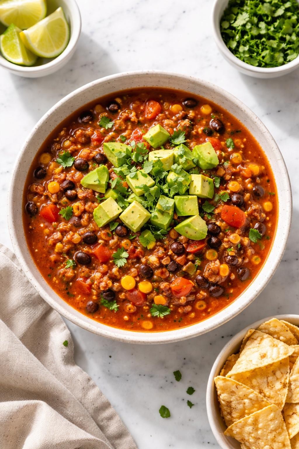 Image Prompt: Top-down realistic editorial food photography of a bowl of vegan TVP taco soup on a clean white marble countertop, tomato-based soup filled with seasoned TVP, corn, black beans, diced tomatoes, and peppers, topped with avocado cubes and chopped cilantro, warm cozy dinner mood, bright natural daylight, soft shadows, high detail, no people, no hands, no text, no watermarks, no props with writing.