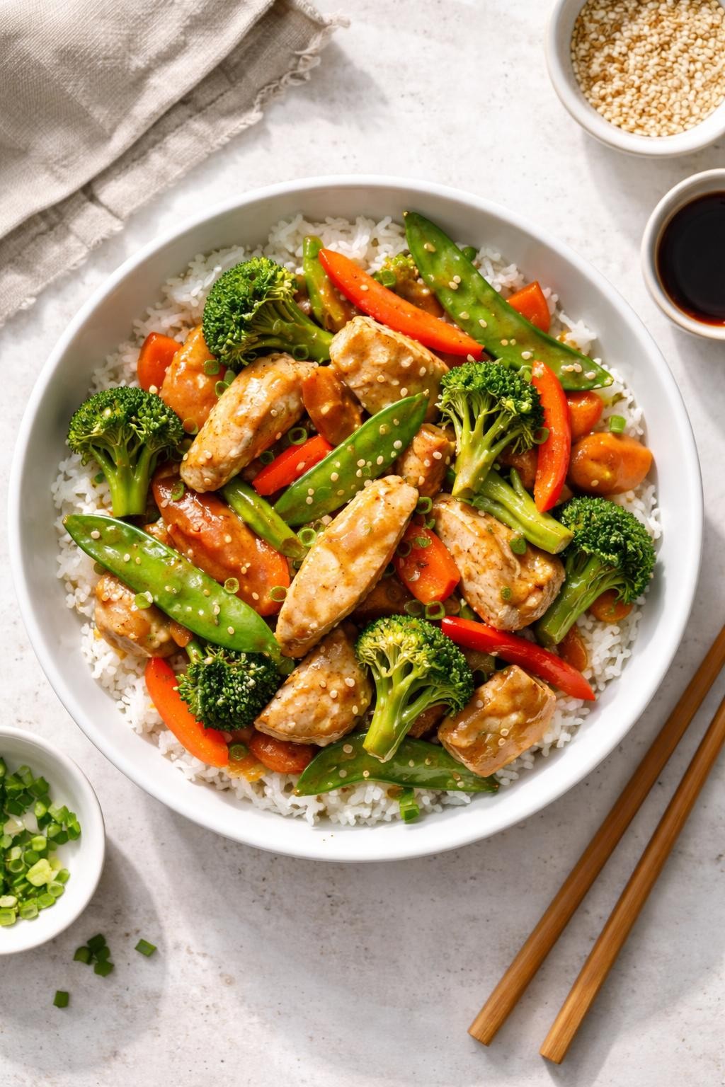 Photo prompt: Realistic top-down editorial food photography of a white bowl filled with chicken stir-fry over rice: sliced chicken, broccoli, carrots, snap peas, and bell peppers in a light brown sauce. Chopsticks on the side. Bright natural light, quick weeknight stir-fry mood, no people, no hands, no text, no watermarks, no props with writing.
