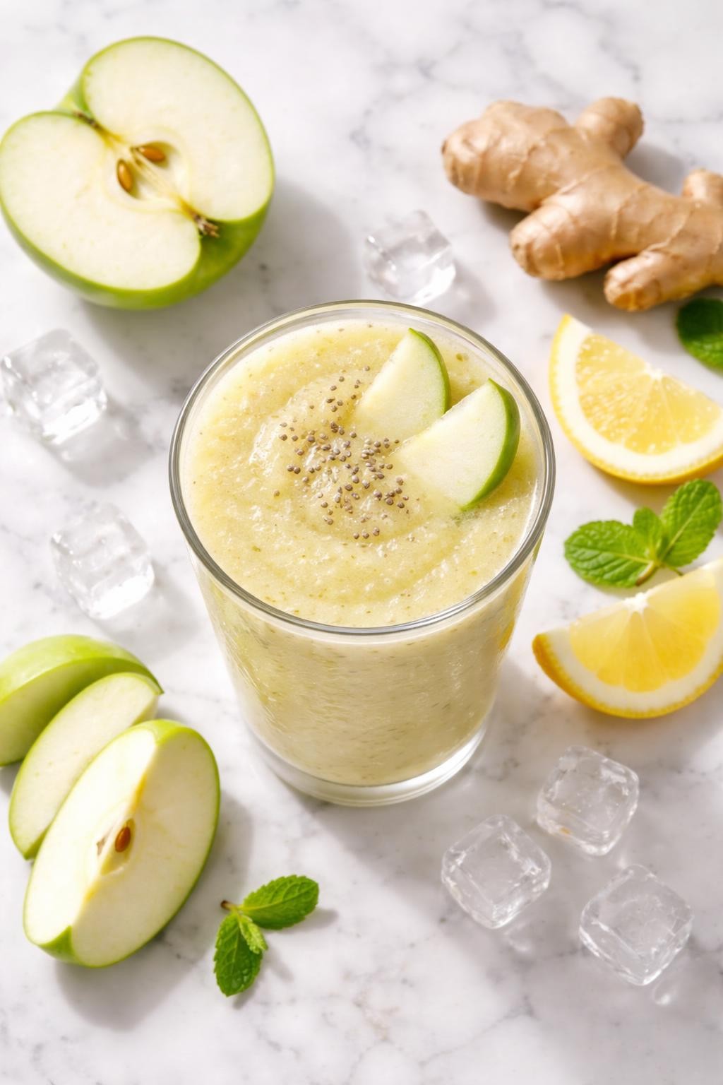 Realistic top-down editorial food photography of a fresh apple ginger smoothie in a clear glass on a clean marble countertop. The smoothie is pale golden green and smooth, styled with apple slices, a small piece of fresh ginger, lemon wedges, and ice cubes nearby. Bright natural daylight, clean refreshing styling, realistic drink texture, high detail, no people, no hands, no text, no watermarks, no props with writing.