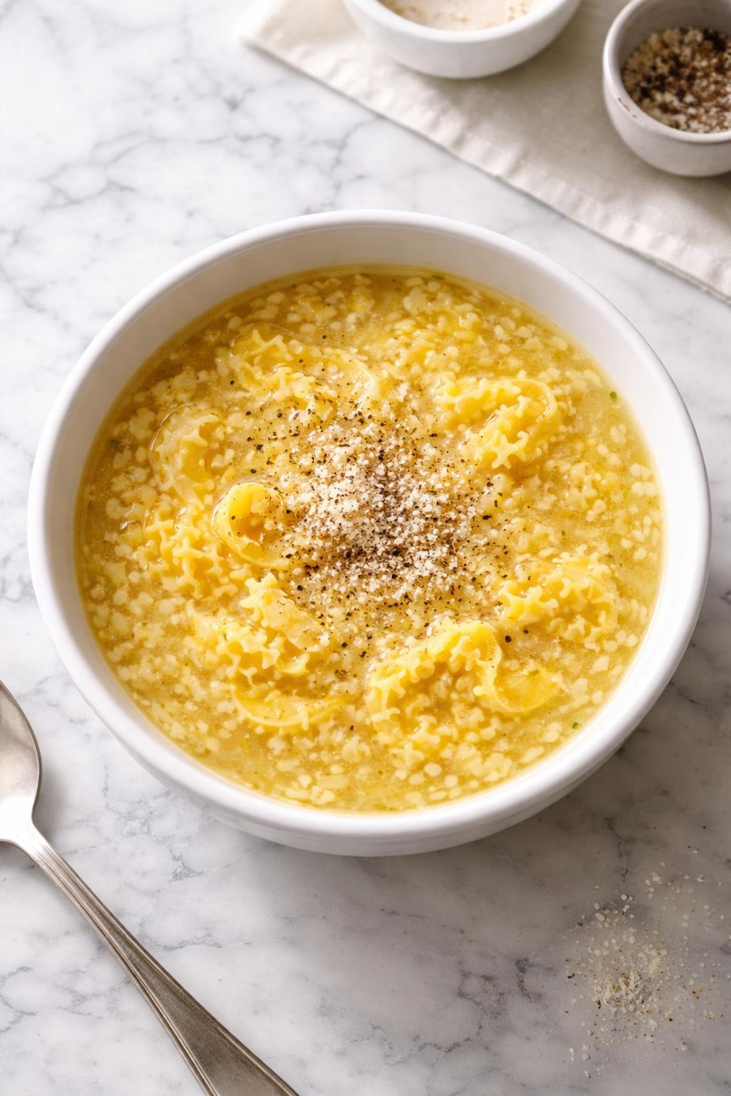 Image Prompt: Realistic top-down editorial food photography of pastina soup with egg in a simple white bowl on a clean marble countertop, tiny pastina pasta in golden broth with soft ribbons of cooked egg, black pepper and parmesan on top, cozy homemade comfort food styling, bright natural window light, no people, no hands, no text, no watermarks, no props with writing.