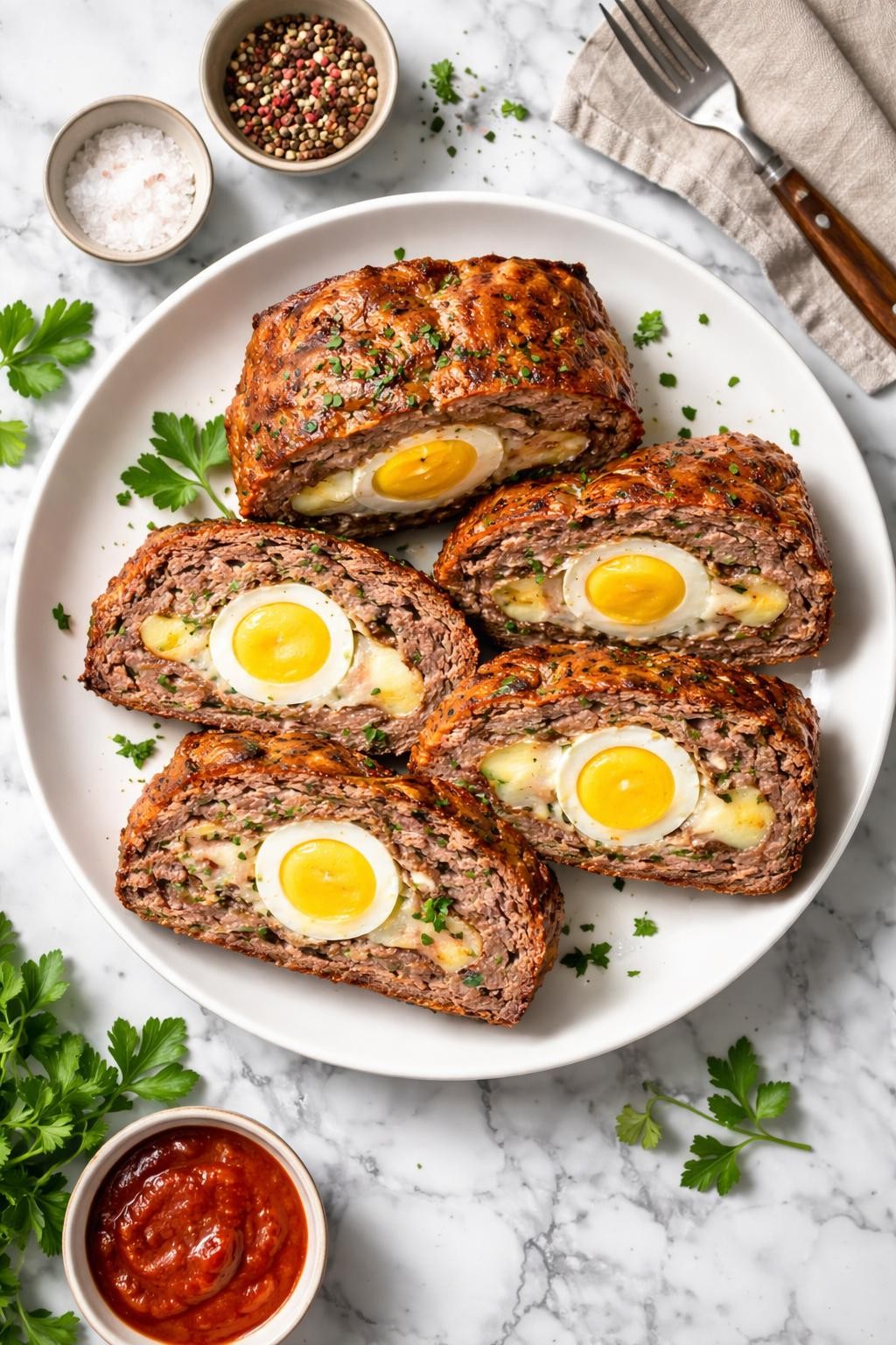 An overheard picture view of a plate of Stuffed Meatloaf with Hard Boiled Eggs and Smoked Scamorza sitting on a marble countertop table in the kitchen, professional food photography style.