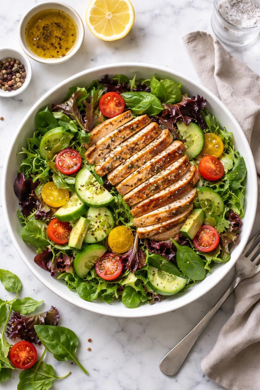 Image Prompt: Realistic top-down editorial food photography of a grilled chicken spring mix salad on a clean white and gray marble countertop, filled with fresh spring mix greens, sliced grilled chicken breast, cucumber, cherry tomatoes, avocado, and light vinaigrette, bright homemade lunch styling, soft natural daylight, clean composition, high detail, realistic food texture, no people, no hands, no text, no watermarks, no props with writing.