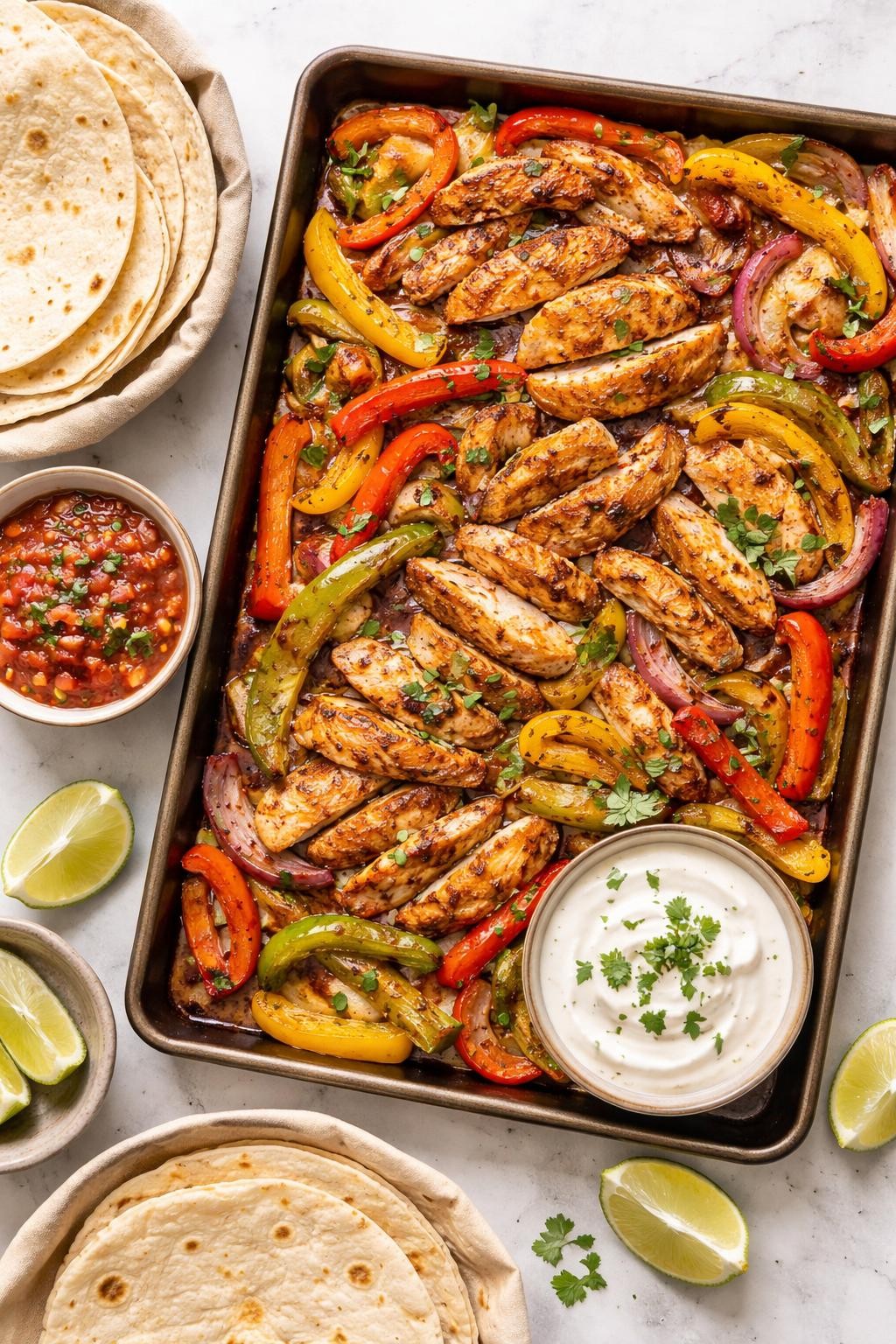 Photo prompt: Realistic top-down editorial food photography of a sheet pan with sliced chicken, bell peppers, and onions, all seasoned and roasted. Small bowls of tortillas, salsa, and sour cream on the side. Bright natural light, quick fajita dinner mood, no people, no hands, no text, no watermarks, no props with writing.
