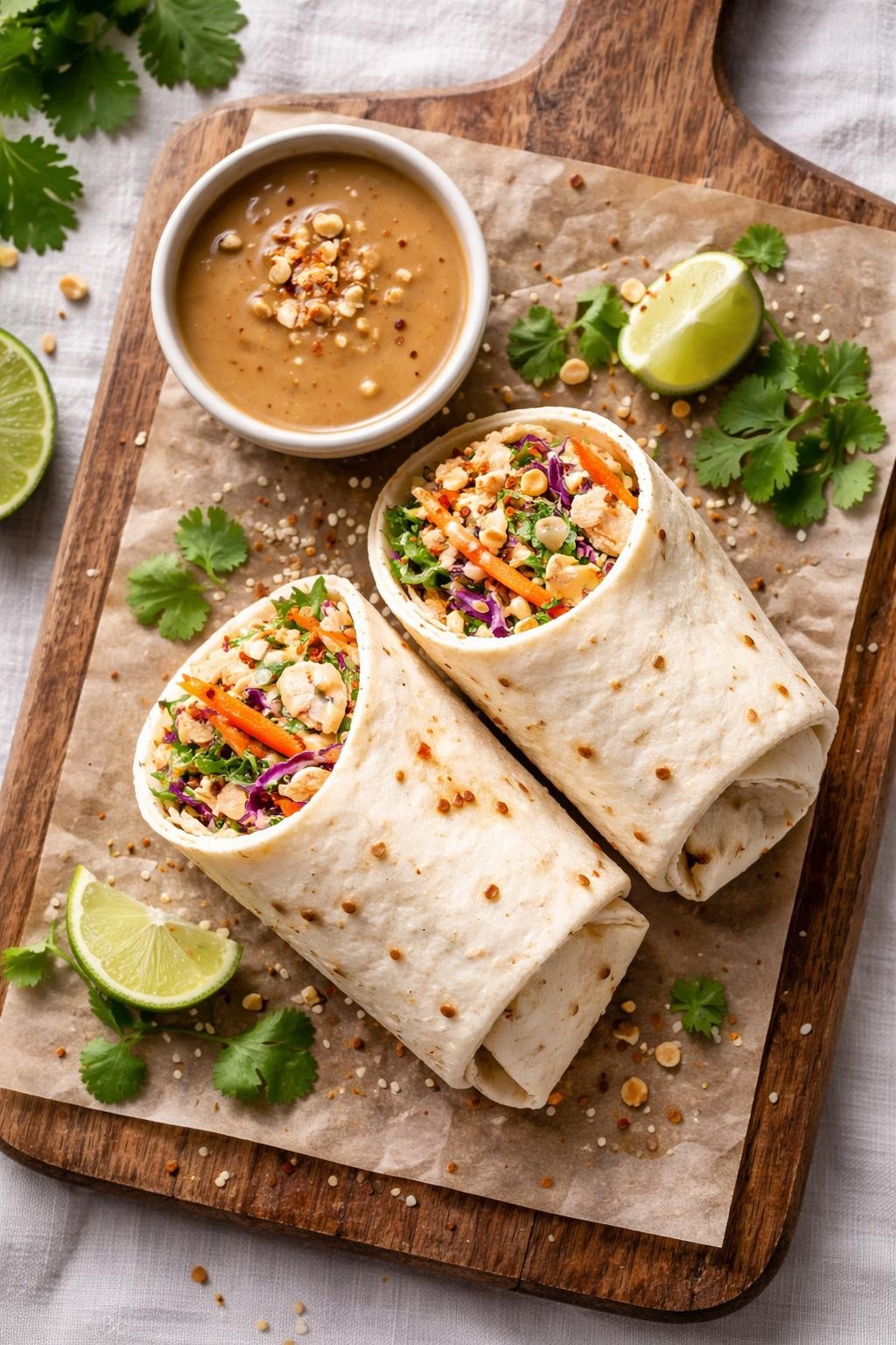 "Realistic top-down food photography of two wraps cut in half on a wooden cutting board. The wraps are flour tortillas filled with shredded chicken, crunchy cabbage slaw, carrots, and a drizzle of peanut sauce. A small bowl of extra peanut sauce for dipping. Soft natural light, Asian-inspired and portable lunch, no people, no hands, no text, no watermarks."