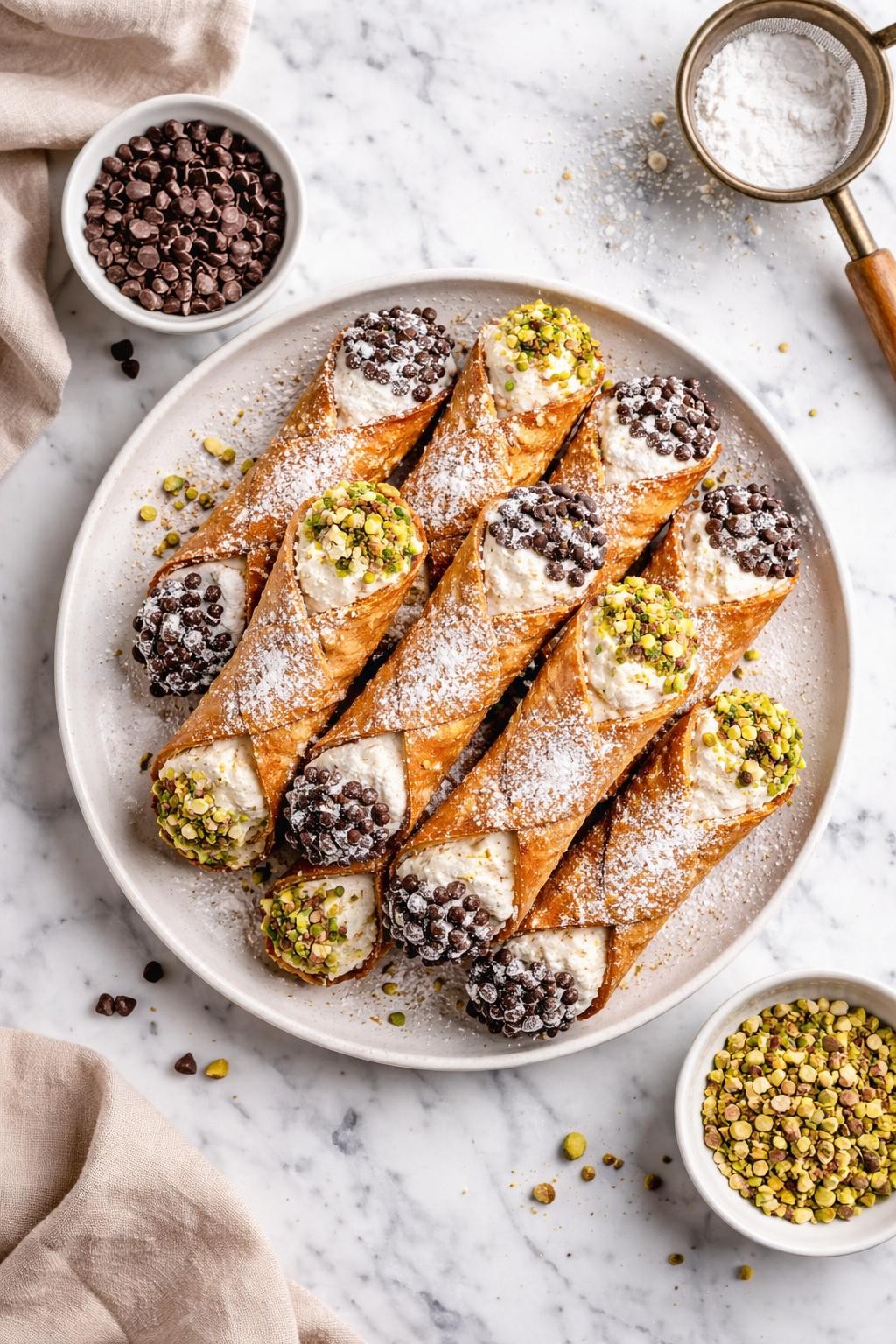 An overheard picture view of a plate of Cannoli sitting on a marble countertop table in the kitchen, professional food photography style.