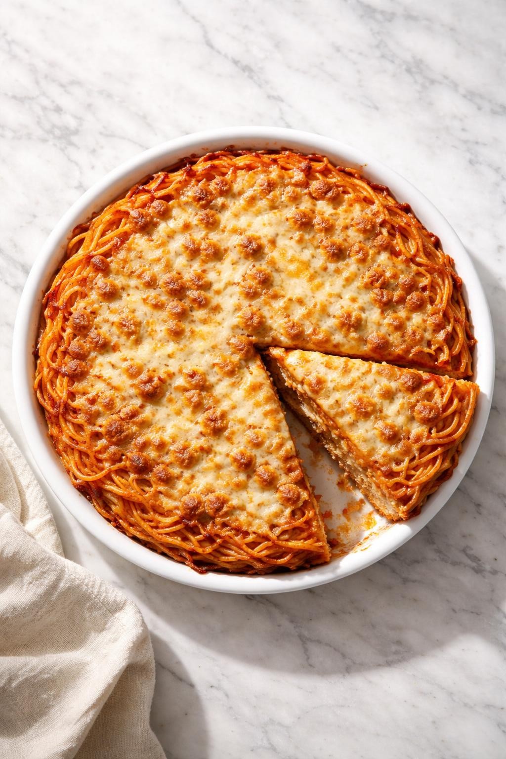 Prompt: Top-down realistic editorial food photography of a spaghetti pie in a round pie dish on a clean light marble countertop, spaghetti noodles baked with tomato sauce, cheese, and egg into a firm golden pie, one slice lifted slightly to show the layered interior, warm homemade comfort food mood, bright natural daylight, soft shadows, clean composition, high detail, realistic food texture, no people, no hands, no text, no watermarks, no props with writing.
