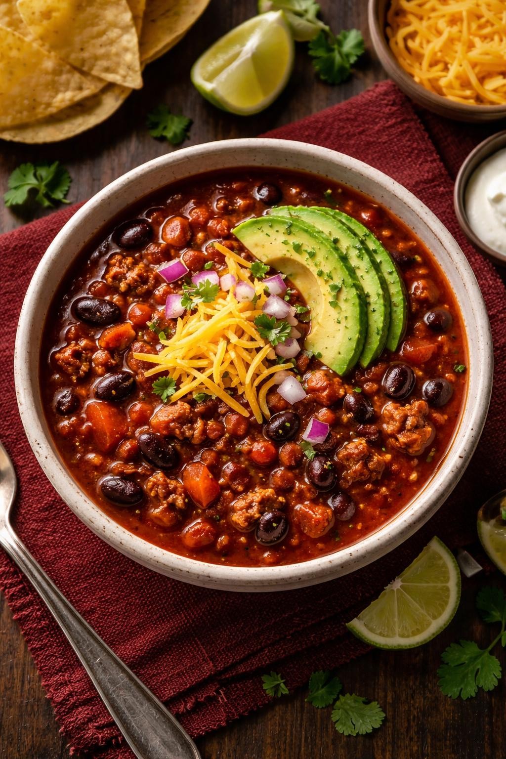 "Realistic top-down food photography of a bowl of three-bean turkey chili on a dark red placemat. The chili is thick and dark red with ground turkey, kidney beans, black beans, pinto beans, and diced tomatoes. A sprinkle of shredded cheese, diced onion, and a slice of avocado on top. Warm cozy lighting, protein-packed freezer-friendly dinner, no people, no hands, no text, no watermarks."