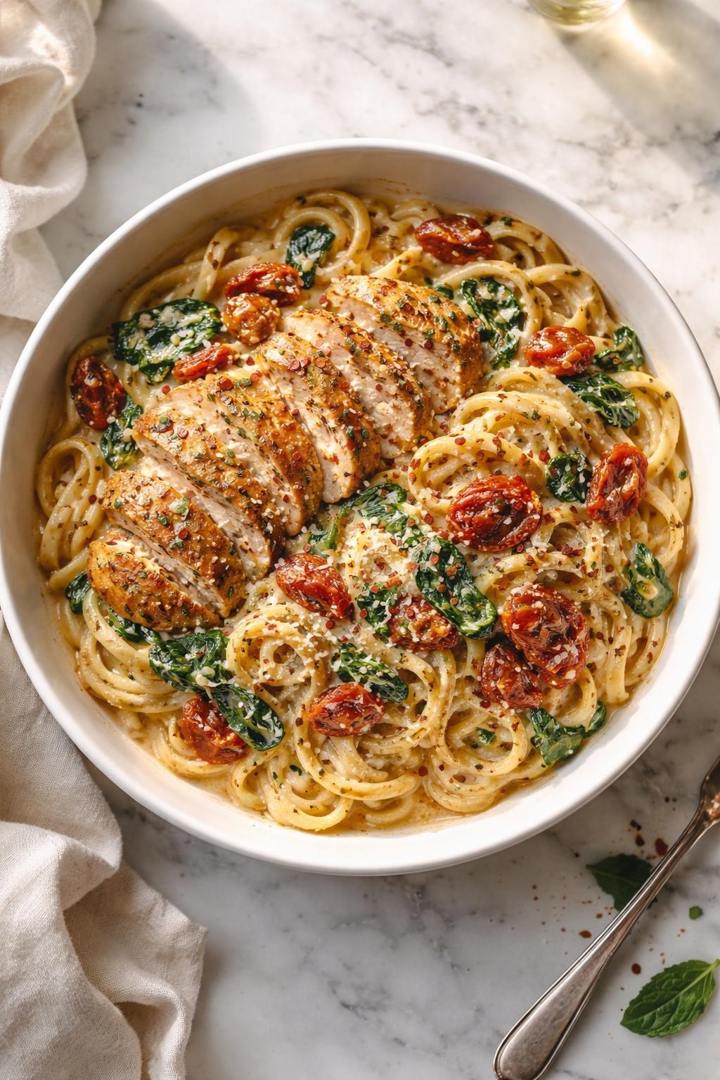 Image Prompt: Top-down realistic food photography of creamy Tuscan chicken pasta in a large white bowl on a clean marble countertop, pasta coated in creamy sauce with sliced chicken, spinach, sun-dried tomatoes, and parmesan, warm natural window light, cozy Italian dinner mood, clean styling, no people, no hands, no text, no watermarks, no props with writing.