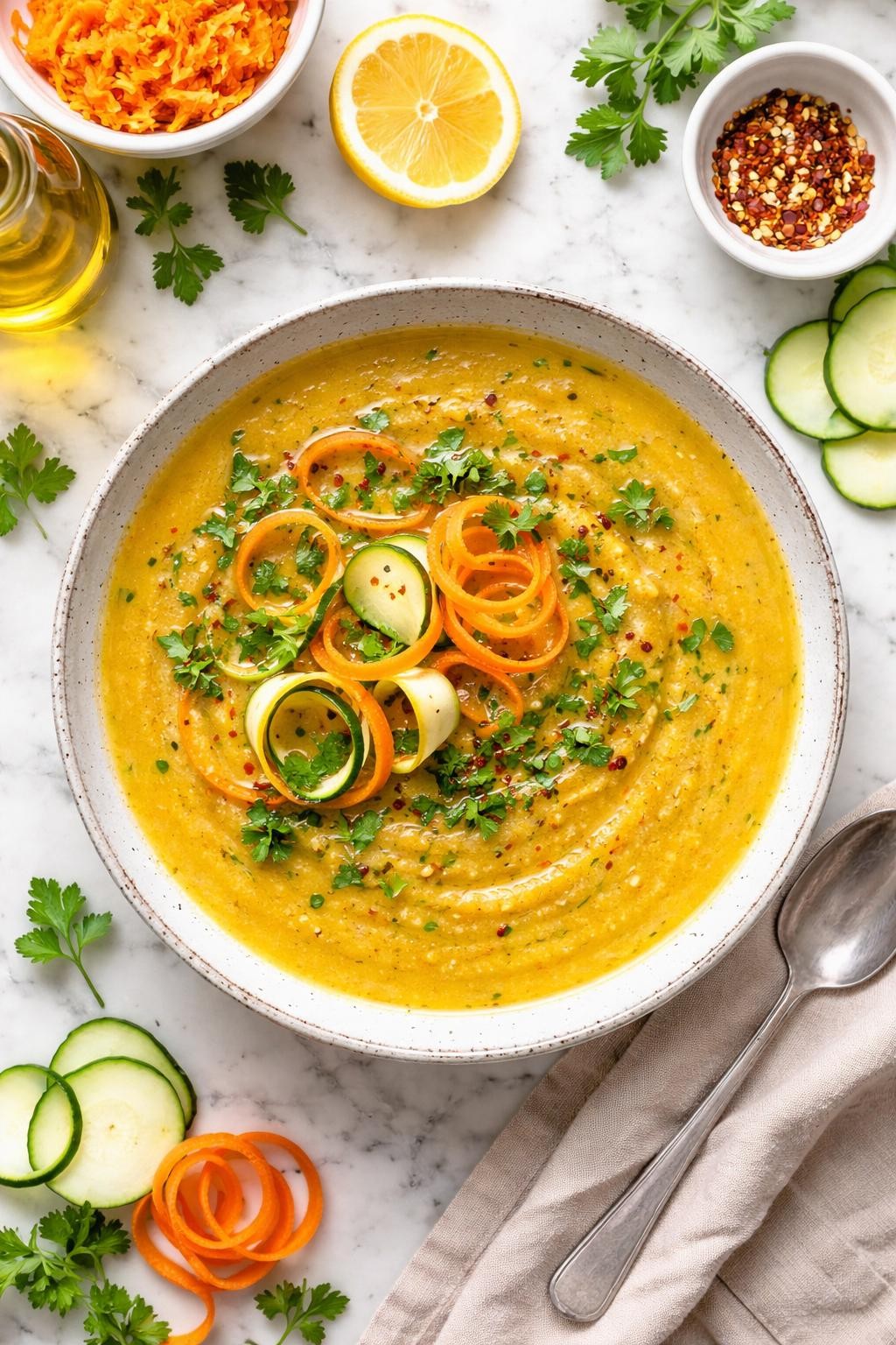 An overheard picture view of a plate of Zucchini and Carrot Soup sitting on a marble countertop table in the kitchen, professional food photography style.