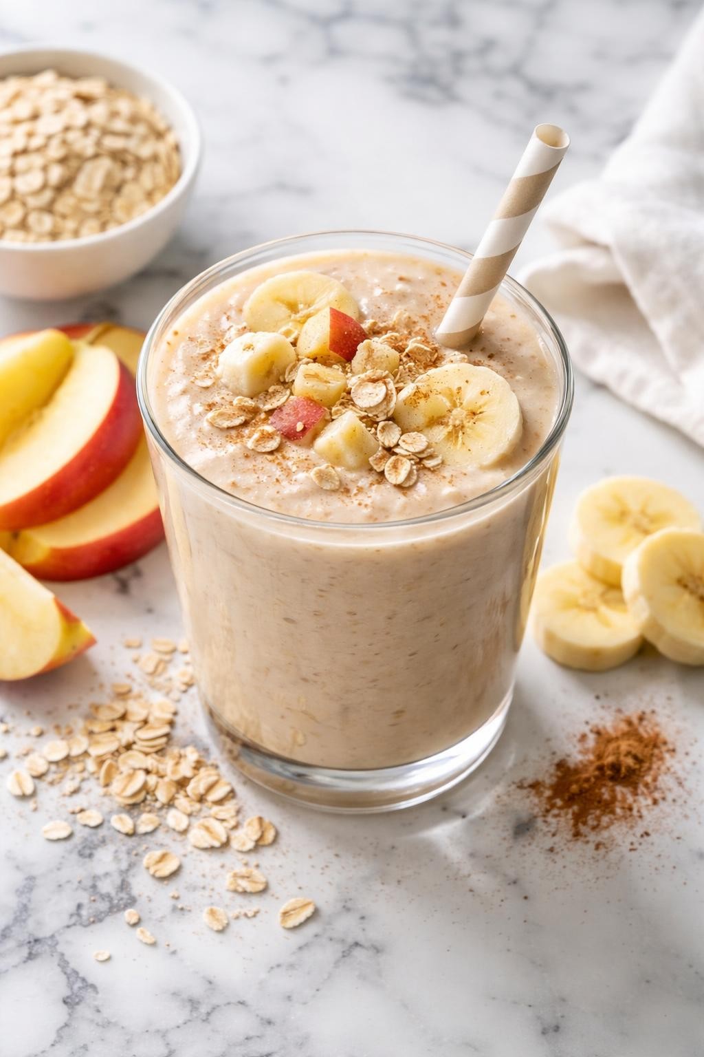 Realistic top-down editorial food photography of a thick apple oat breakfast smoothie in a clear glass on a clean white and gray marble countertop. The smoothie is creamy beige and smooth, styled with rolled oats, apple slices, banana rounds, and a small sprinkle of cinnamon nearby. Natural window lighting, cozy clean breakfast mood, high detail, realistic thick smoothie texture, no people, no hands, no text, no watermarks, no props with writing.